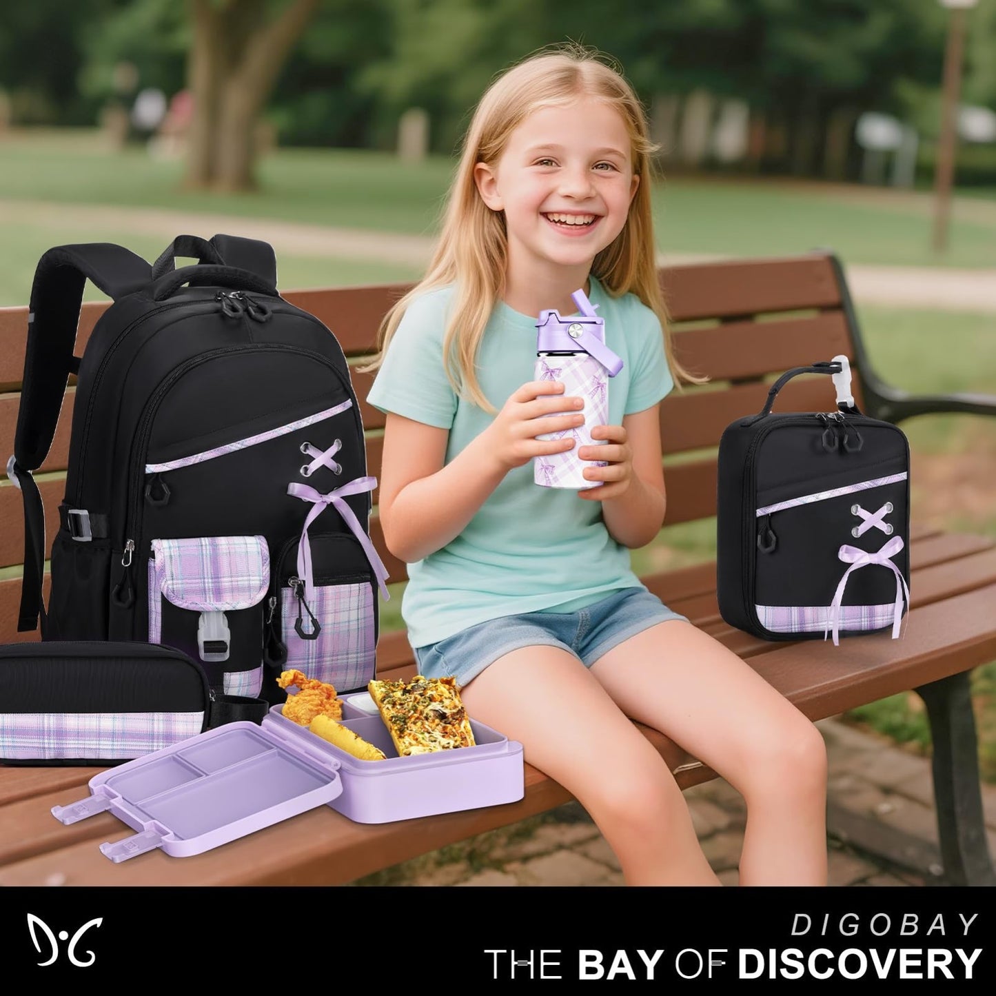 Girls Backpack Set 9PCS with Lunch Bag, Pencil Case, Bento Box & Water Bottle  2