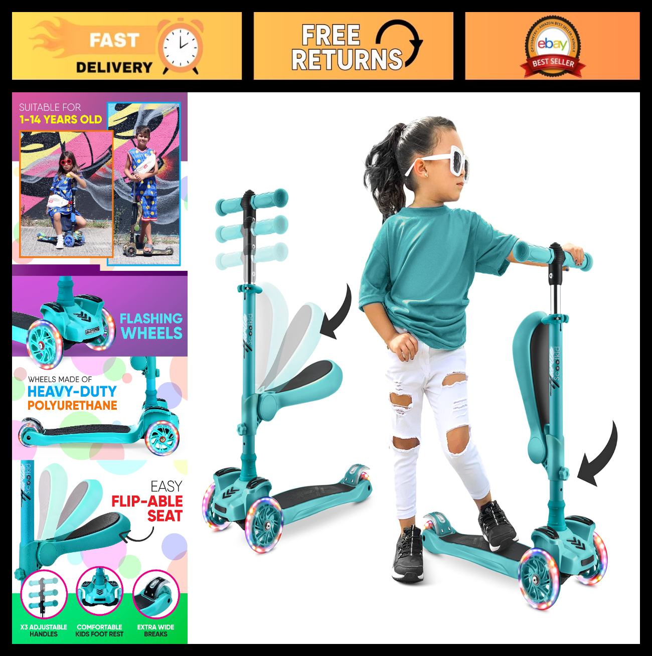 3-Wheeled Kids Scooter with LED Lights, Adjustable Handlebar, Foldable Seat - Si0