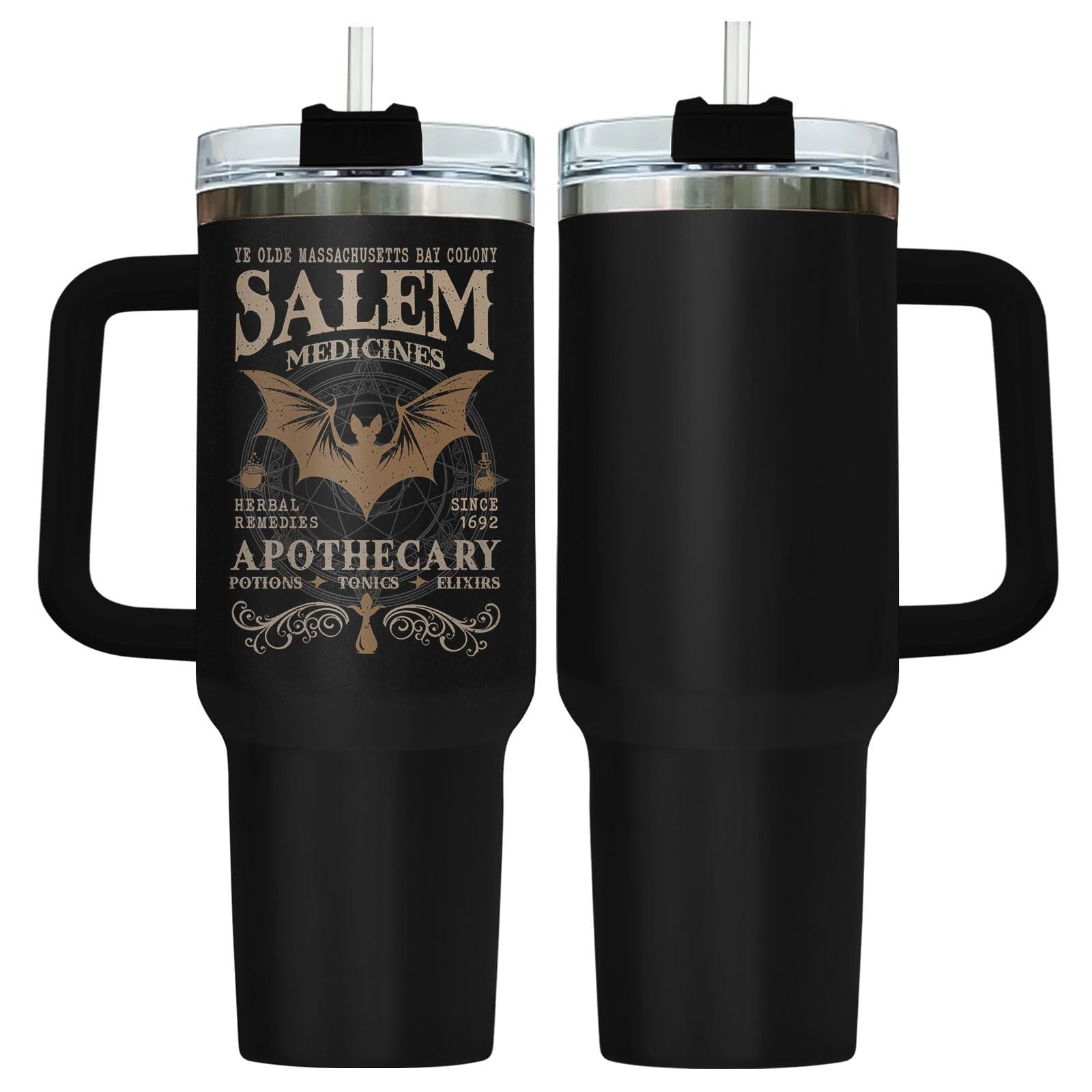Gothic Insulated Travel Mug 40oz with Handle & Straw   Witch Themed Coffee Tumbl1