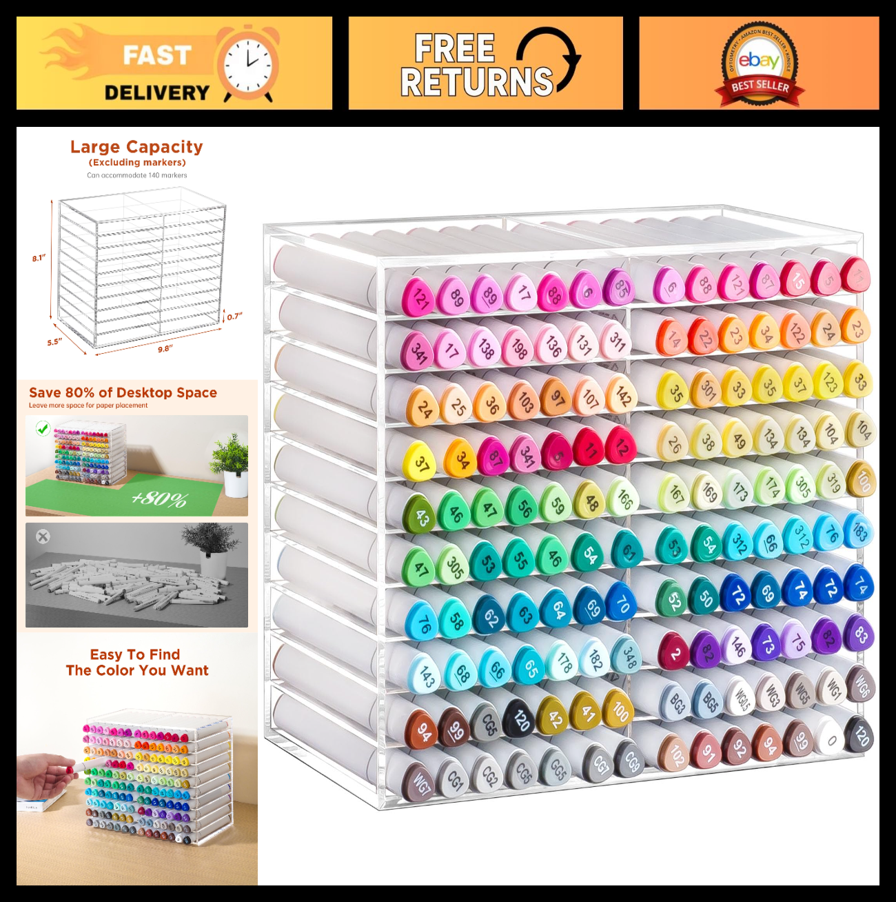Horizontal Marker Organizer for 140 Markers - Acrylic Desktop Storage Rack for A0