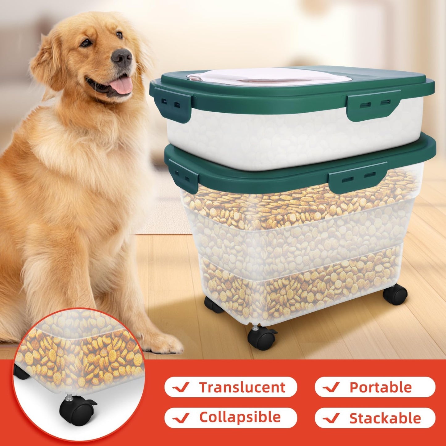 Airtight Pet Food Storage Container, Collapsible Dog Food Bin 17-20 lb with Whee3