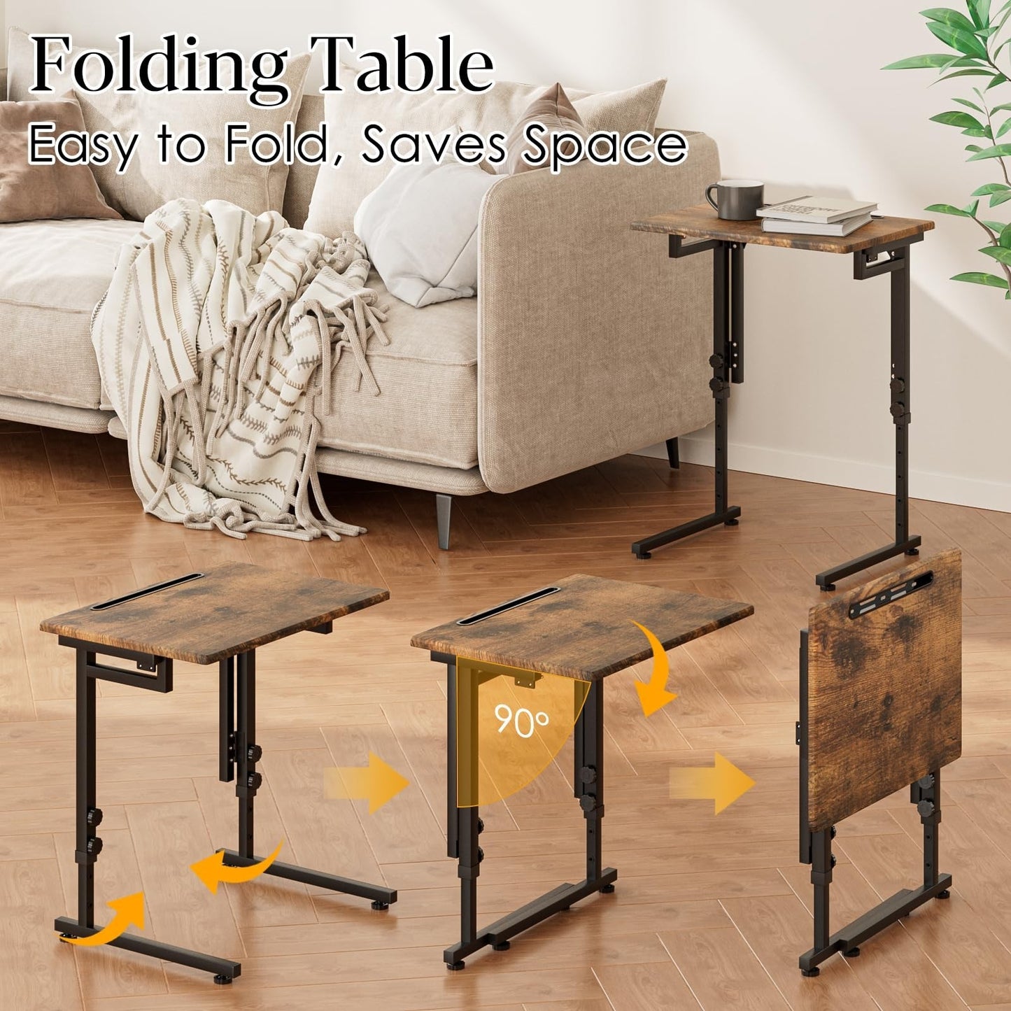 Adjustable Folding TV Tray Table - C-Shaped End Table, 6 Height Settings, Foldab4