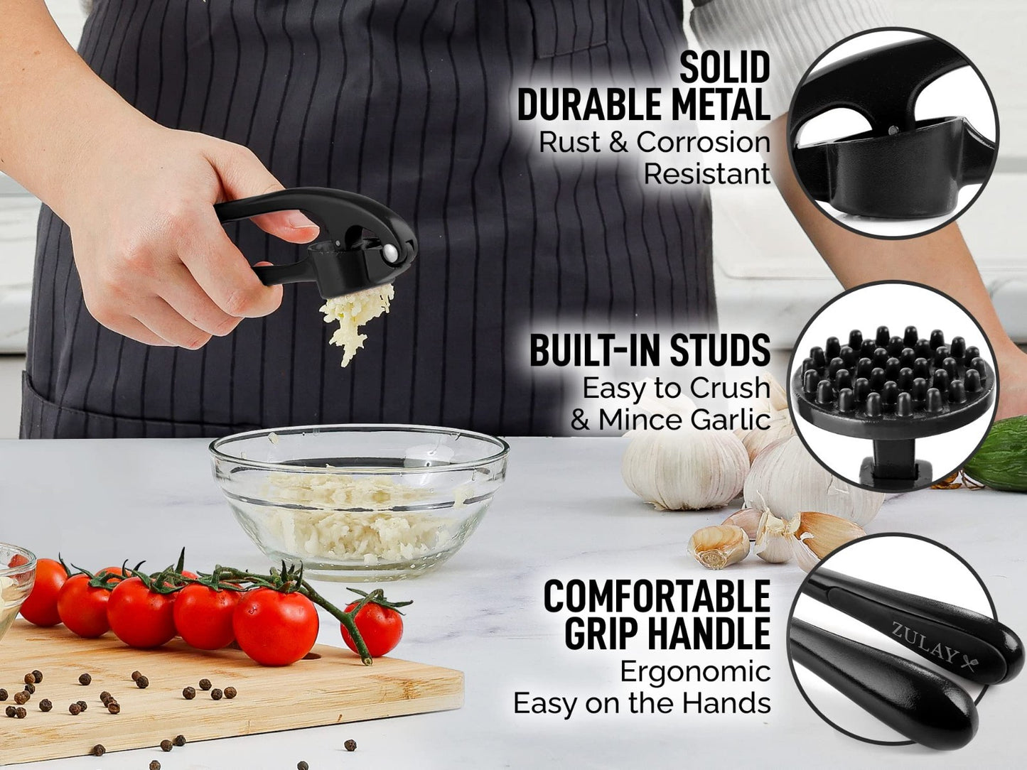 Premium Garlic Press Set   Rust Proof Mincer Tool with Ergonomic Handle & Peeler5