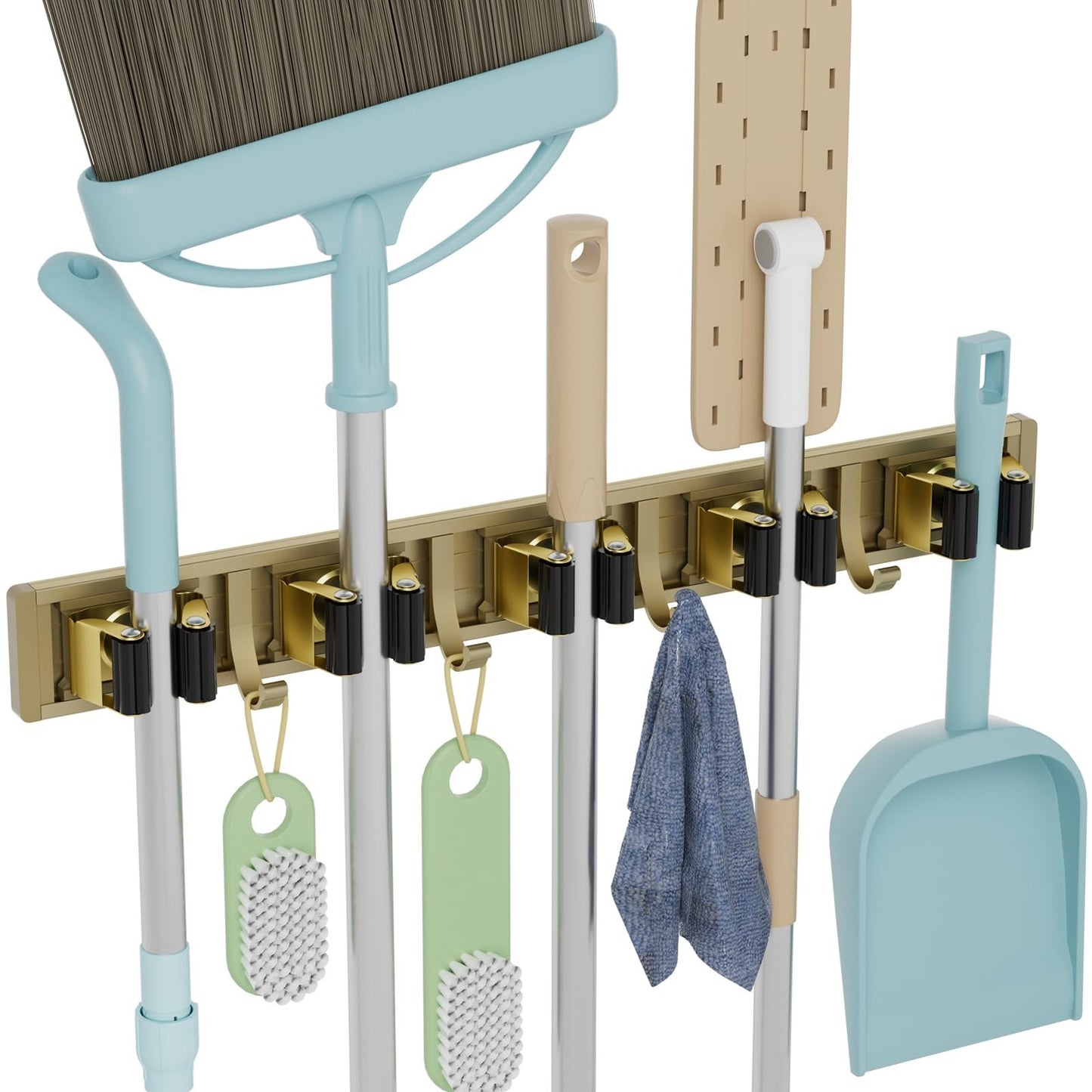 Wall Mount Broom Holder & Mop Hanger Organizer - 5 Racks & 4 Hooks Storage Solut1