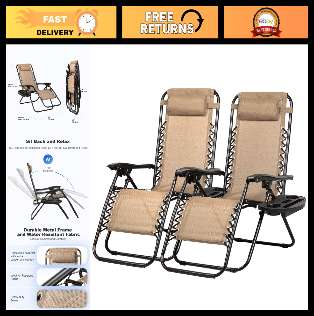 Set of 2 Adjustable Zero Gravity Lounge Chairs   Steel Mesh Patio Recliners with0