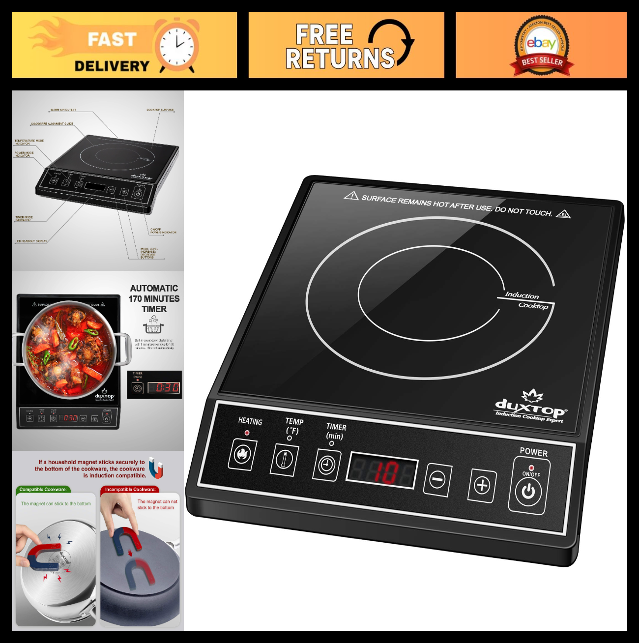 Portable Induction Cooktop 1800W Countertop Burner, Black, Fast Heating, Energy0