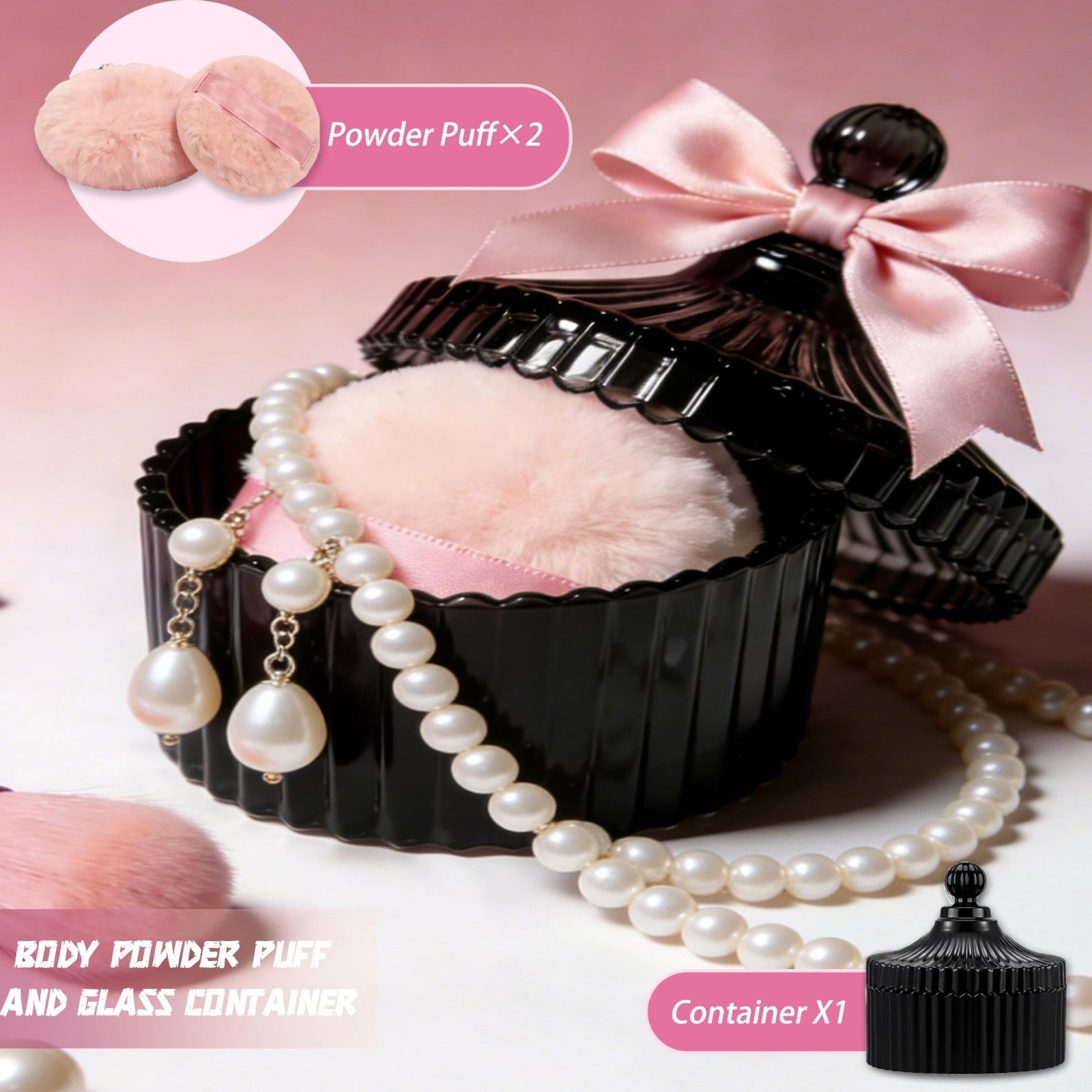 Large Glass Dusting Powder Jar Set 3Pcs with Soft Puffs - Reusable Makeup Gift4