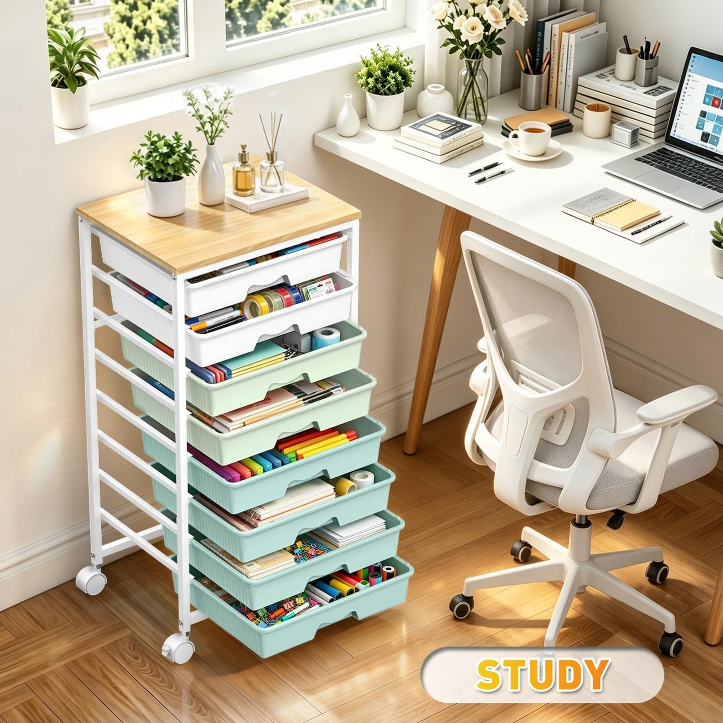 8 Drawer Rolling Storage Cart with Wooden Top & Lockable Wheels   Craft & Office7