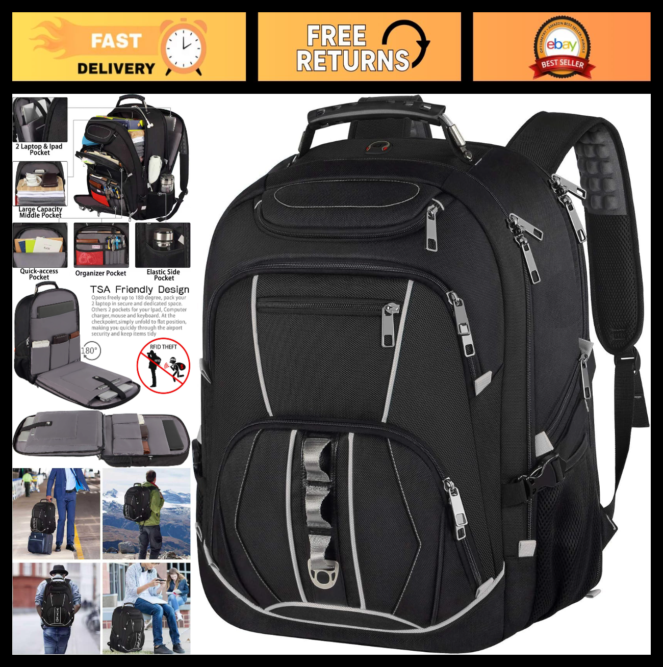 18.4" Gaming Laptop Backpack   Large Capacity, TSA Friendly, RFID Anti Theft, He0