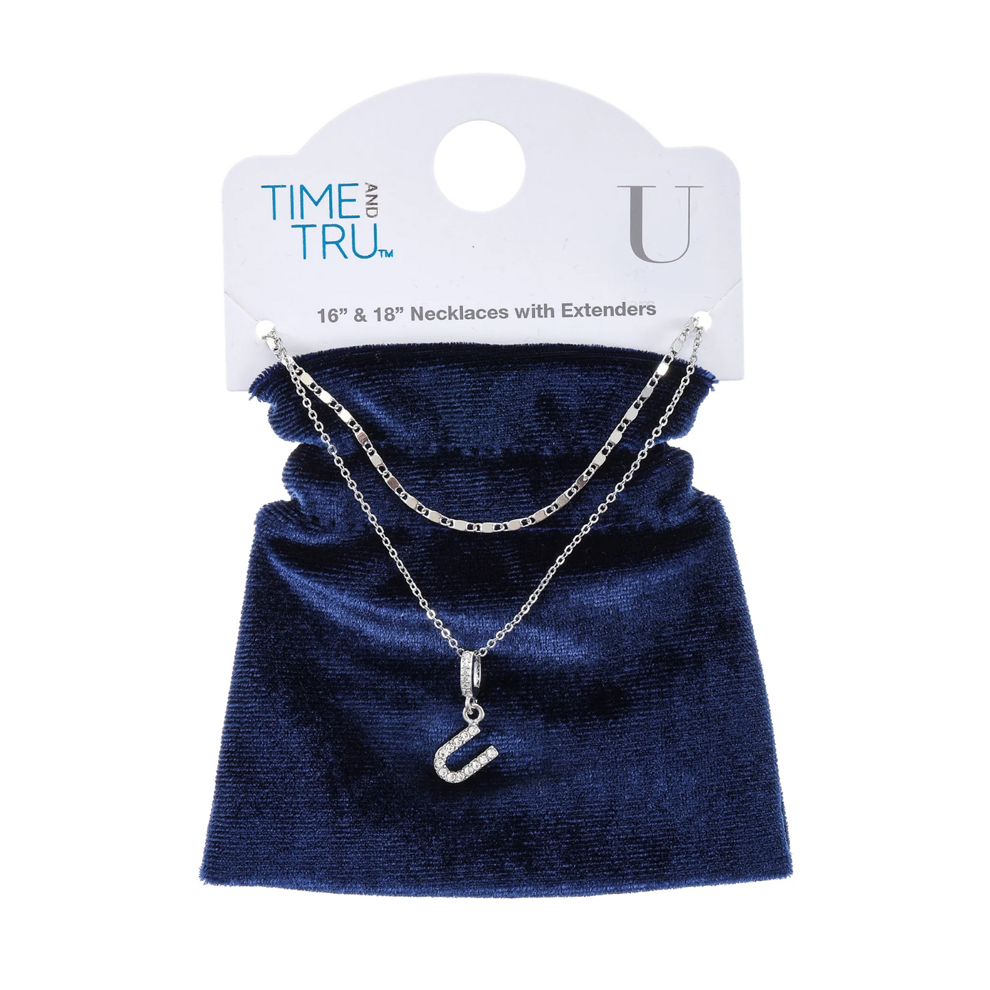 Time and Tru Silvertone Pave Initial Letter Necklace Set, 2 Pieces, Letter U1
