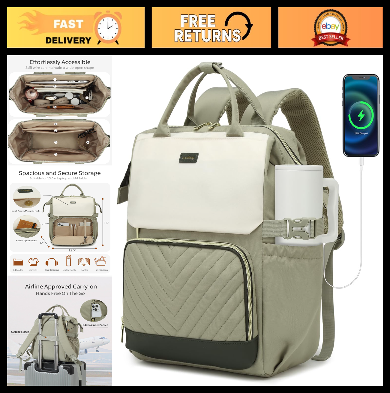 Stylish Laptop Backpack for Women   College Bookbag with USB Charger & Cup Holde0