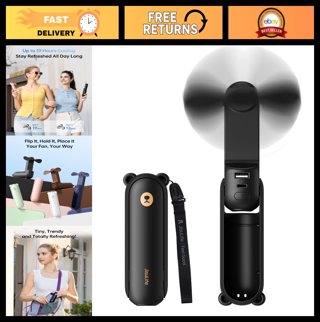 Portable 3 in 1 Fan with Power Bank & Flashlight | USB Rechargeable, 19H Cooling0
