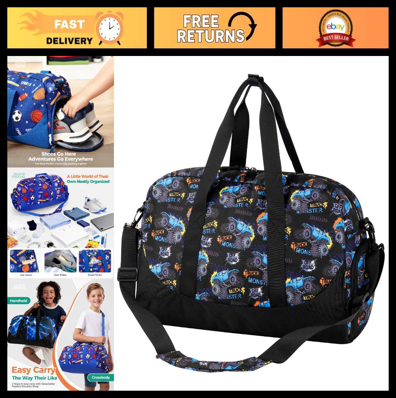 Kids Monster Truck Duffle Bag - Large Overnight Travel Bag with Shoe Compartment0