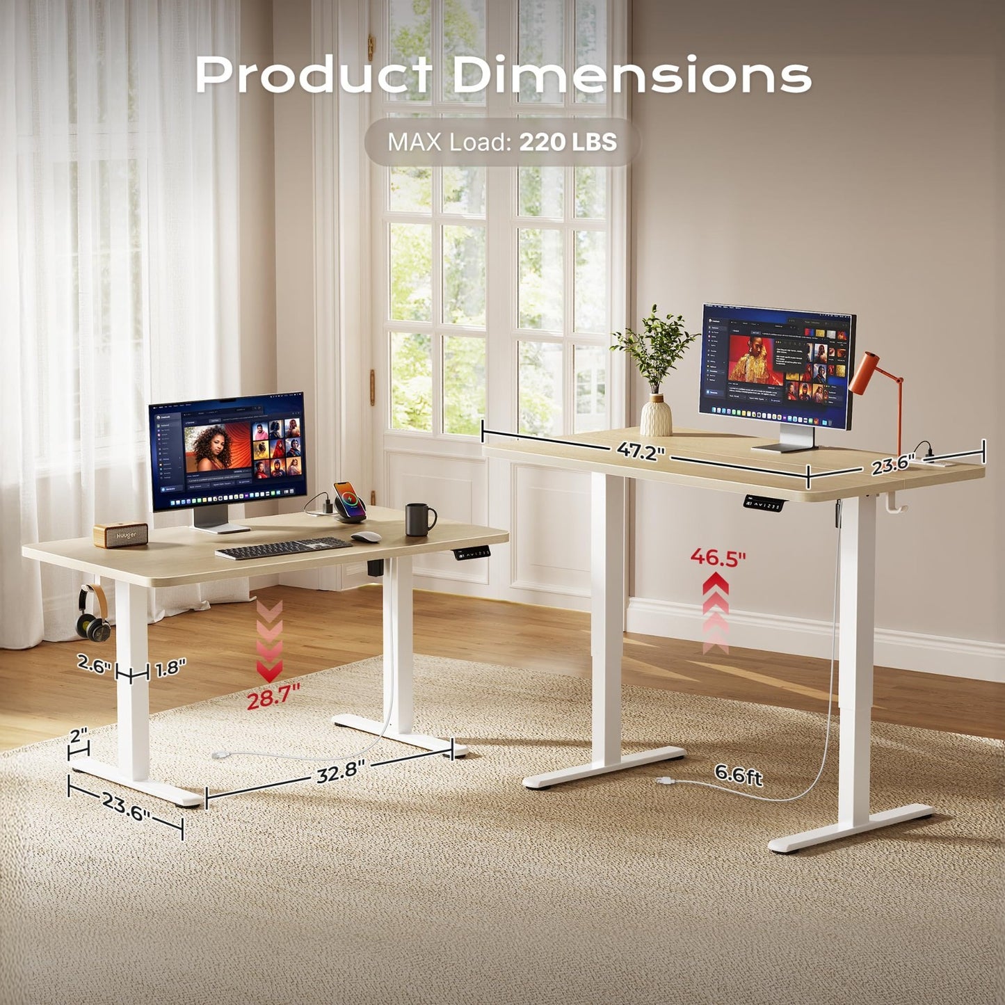 Height Adjustable Electric Standing Desk with USB-C & Power Outlets, 47x24" Th4