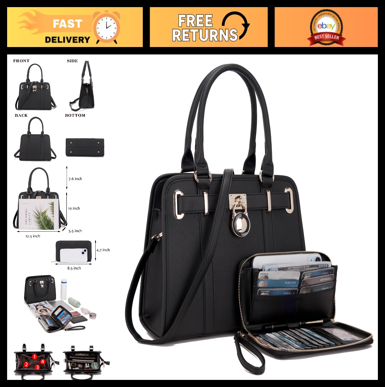 Stylish Women's Structured Satchel Tote Handbag Set with RFID Wallet - Fashion P0