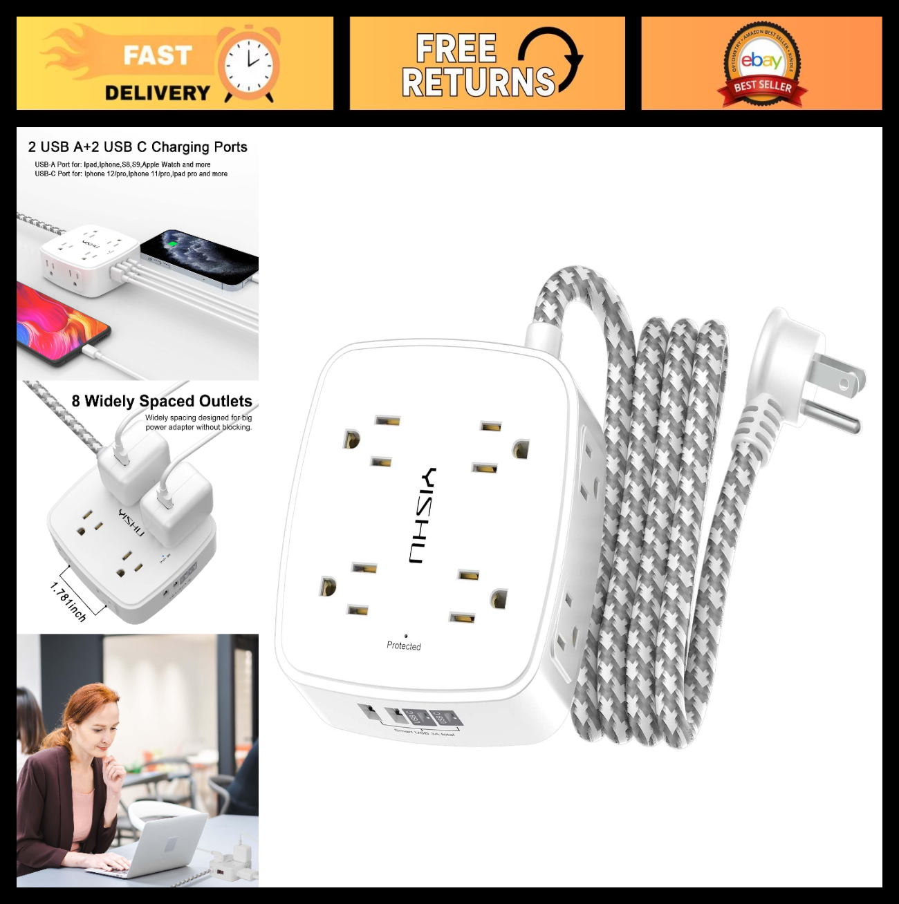 8 Outlet Surge Protector Power Strip with 4 USB Ports, 6FT Braided Cord, Flat Pl0