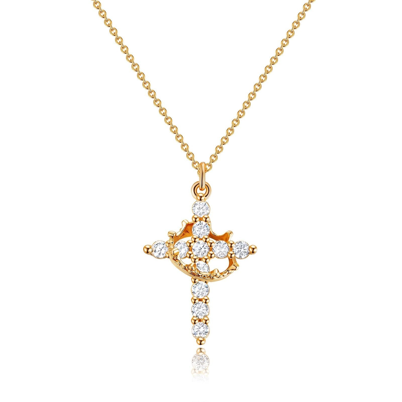 14K Gold Plated Crown Cross Necklace for Women   Dainty Christian Faith Pendant,1