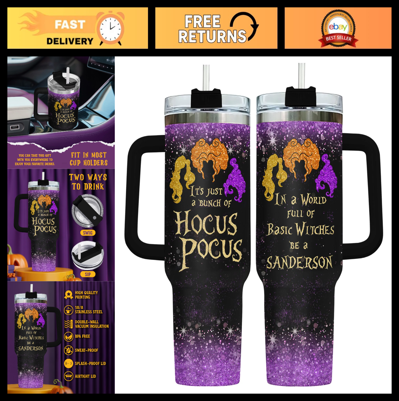 34oz Glitter Tumbler with Handle & Straw   Insulated Travel Mug for Coffee, Funn0