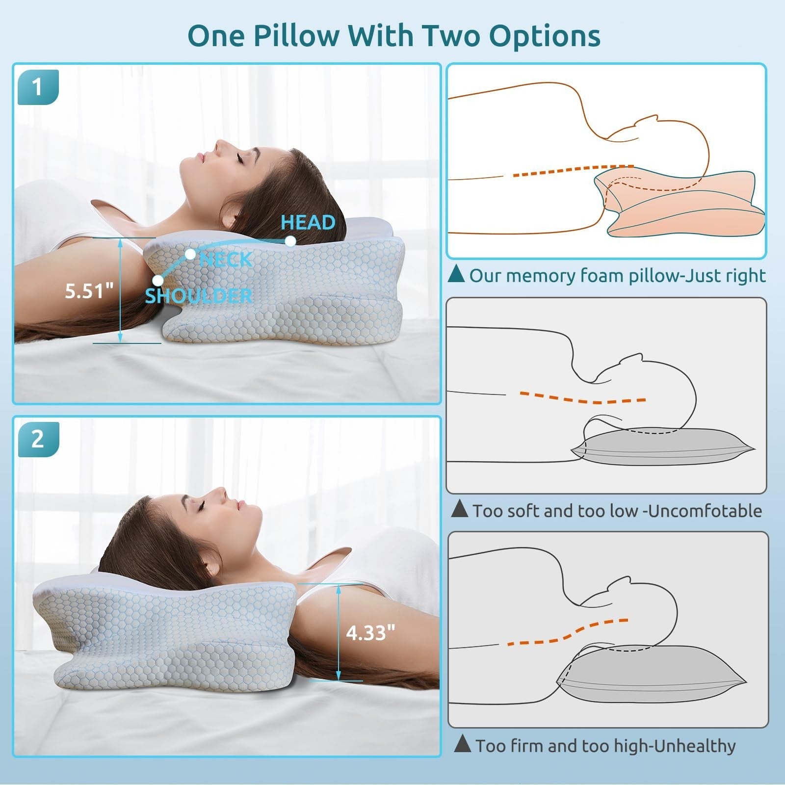 Cervical Memory Foam Pillow for Neck & Shoulder Pain Relief, Ergonomic Cooling D2