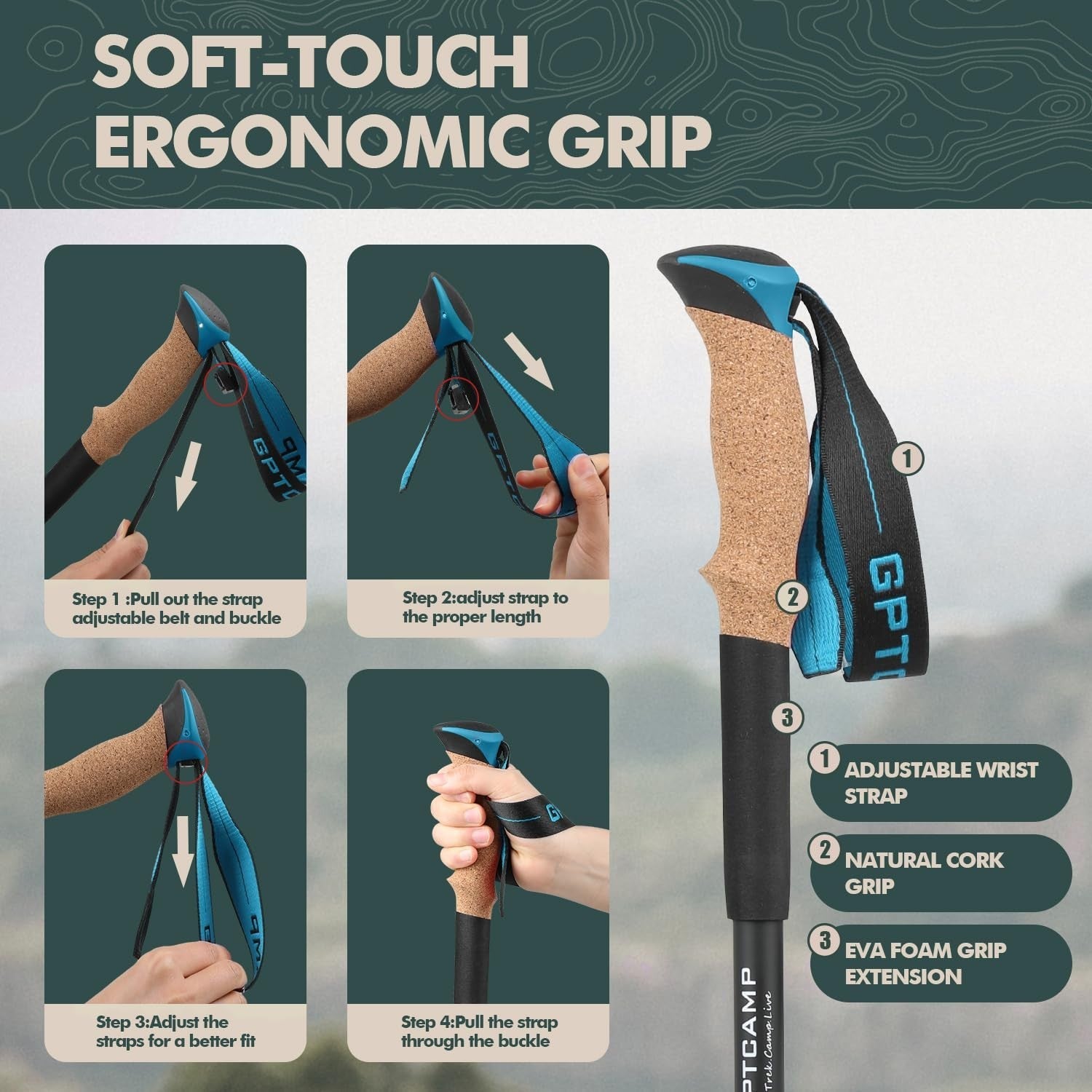 Collapsible Trekking Poles - Lightweight Adjustable Hiking Sticks, 2pc EVA Grips3