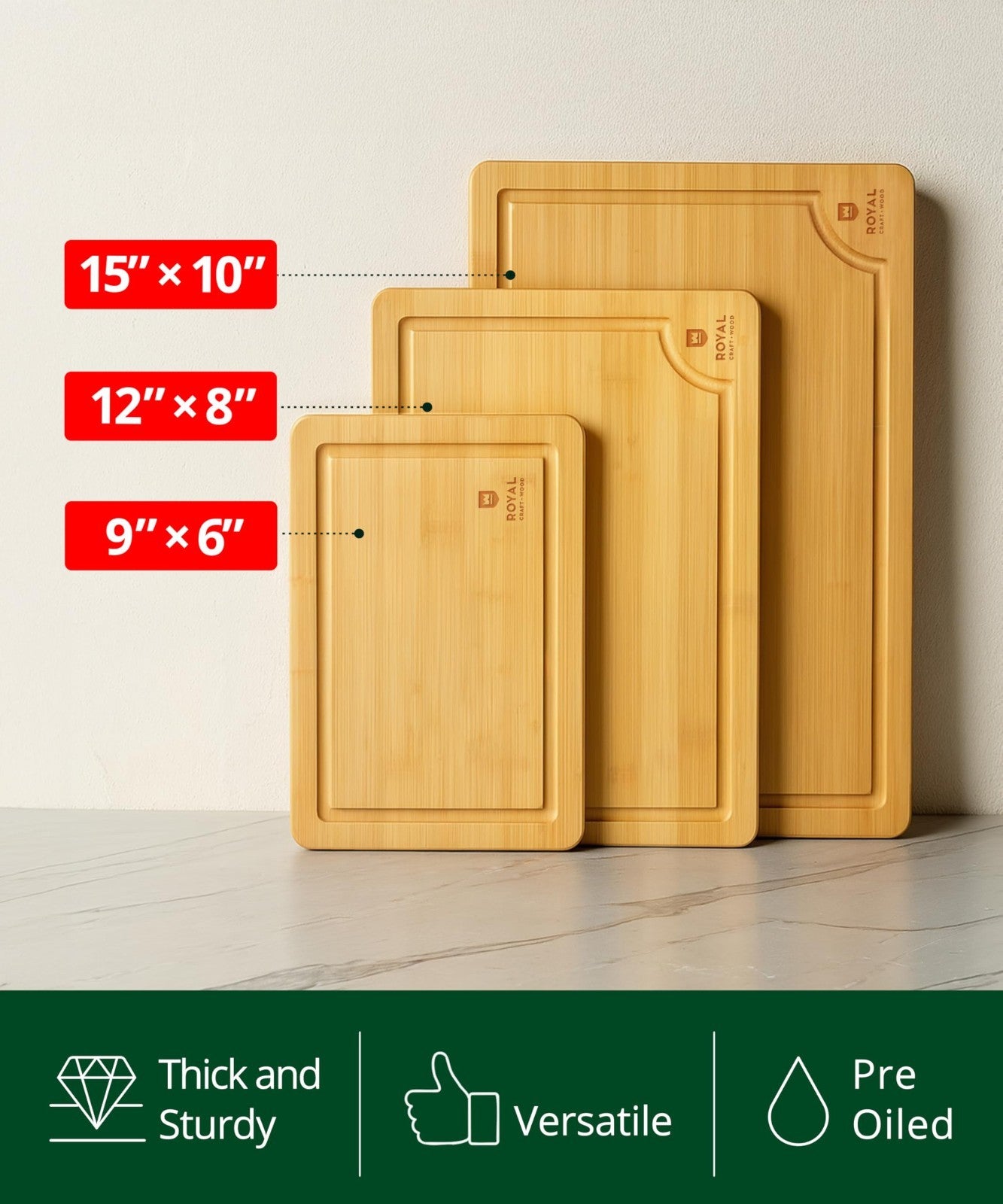 Wooden Cutting Boards Set   Bamboo Meal Prep & Serving Board with Juice Groove &5