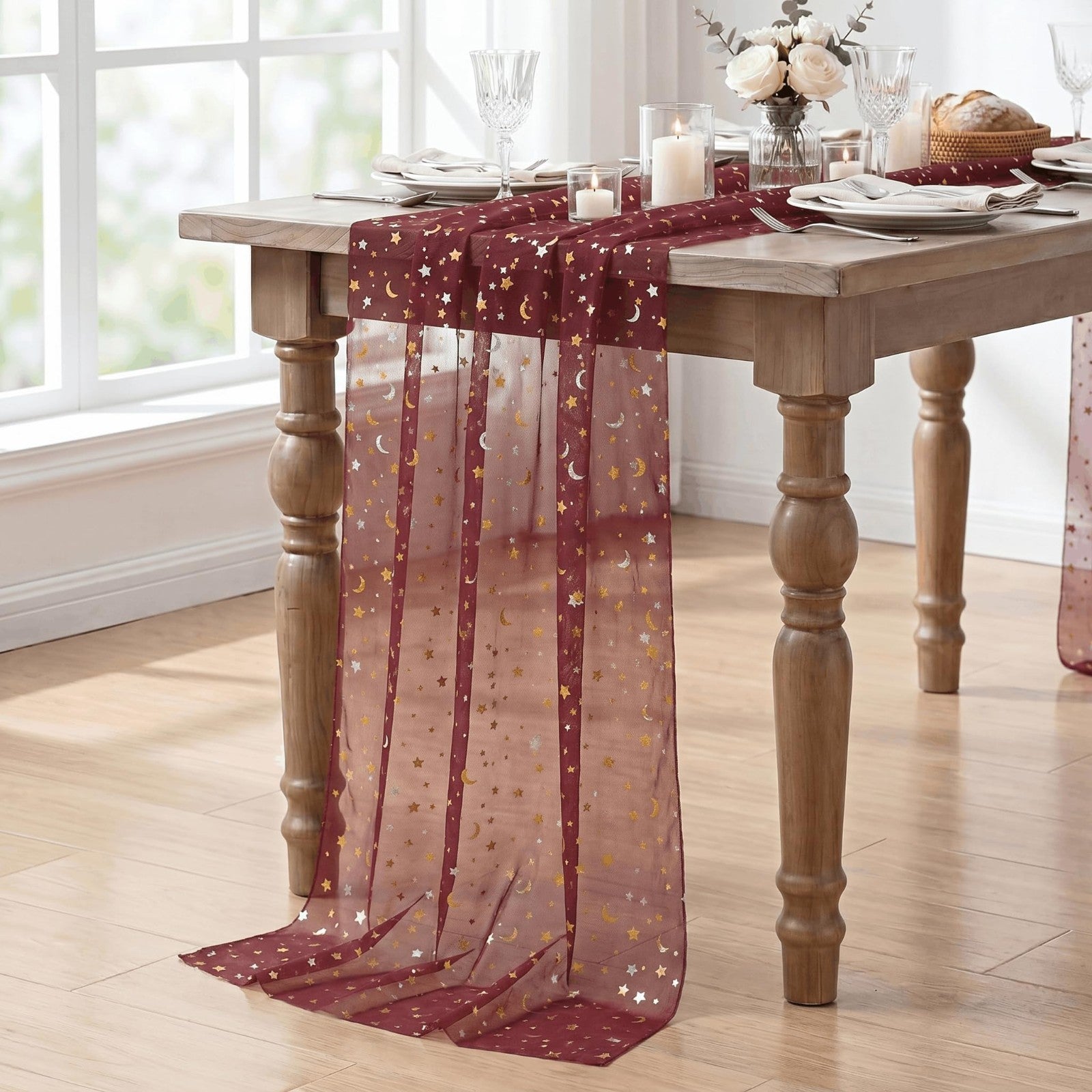 Burgundy Star Moon Table Runner 10FT - Glitter Foil Sheer Dining Decor for Parti4