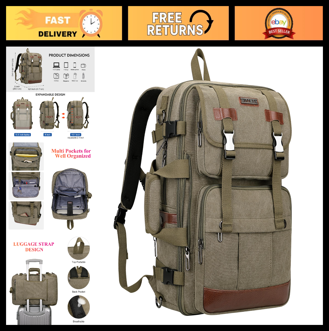 Large Canvas Travel Backpack for Men, 16 Inch Laptop Compatible, Durable & Styli0
