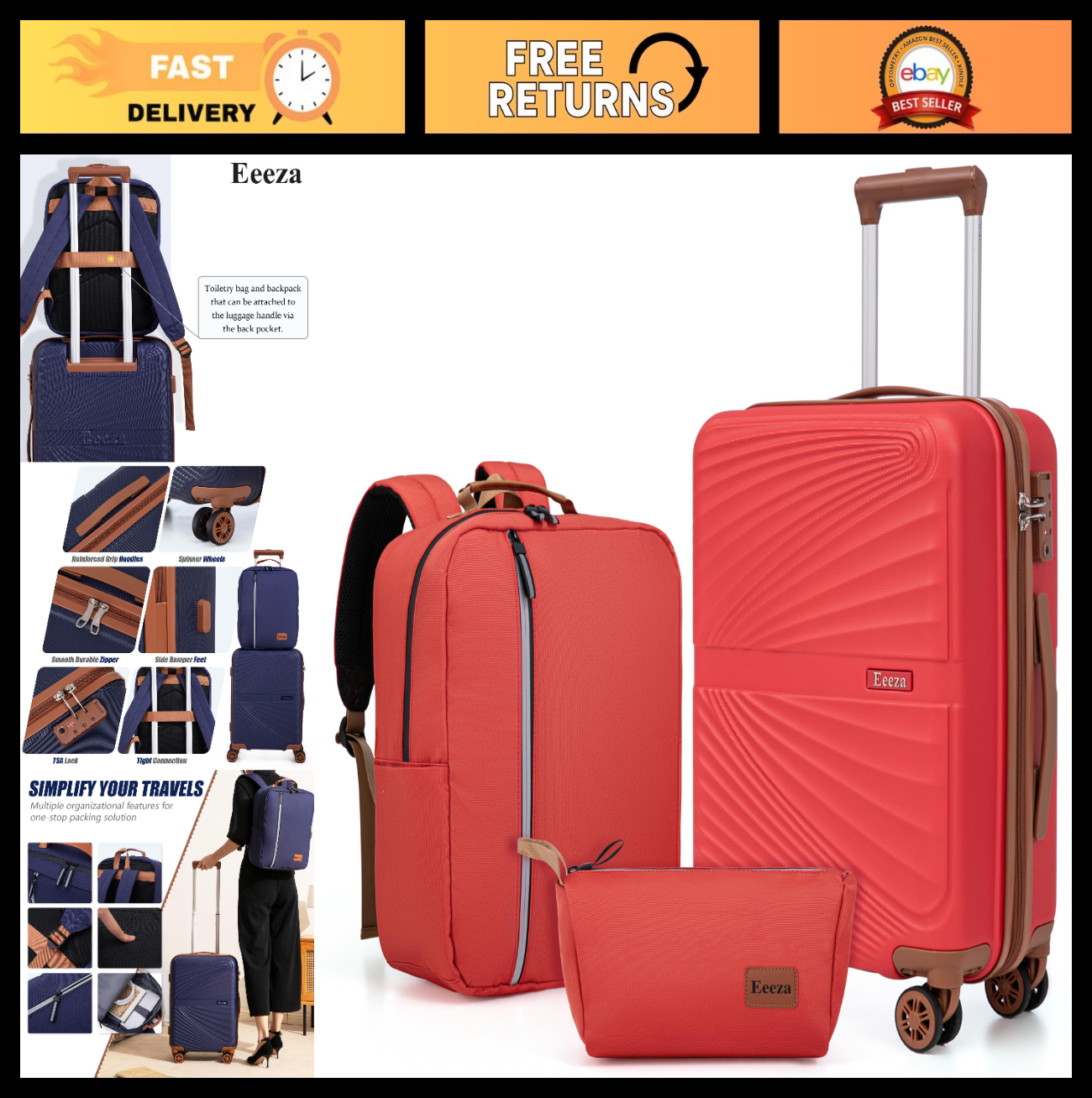 3-Piece Carry On Luggage Set - Lightweight ABS Hardshell, 360° Spinner Wheels, T0