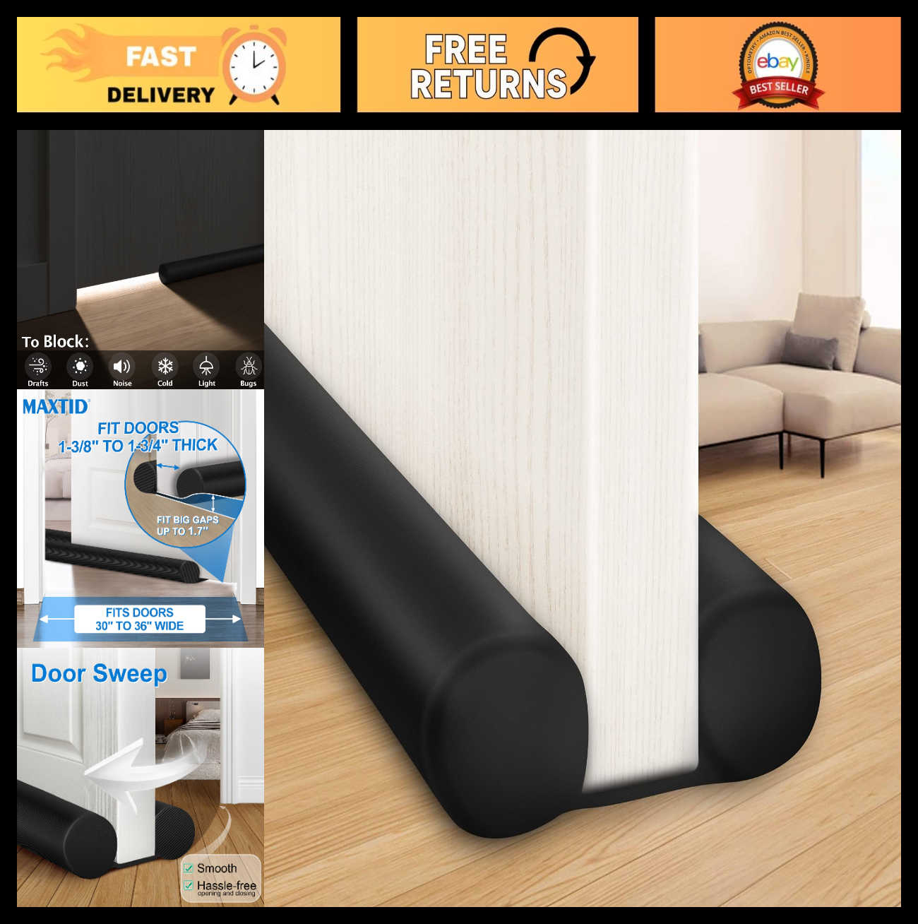 Large Door Draft Stopper 36” Adjustable Under Door Sweep Noise Blocker Seal Guar0