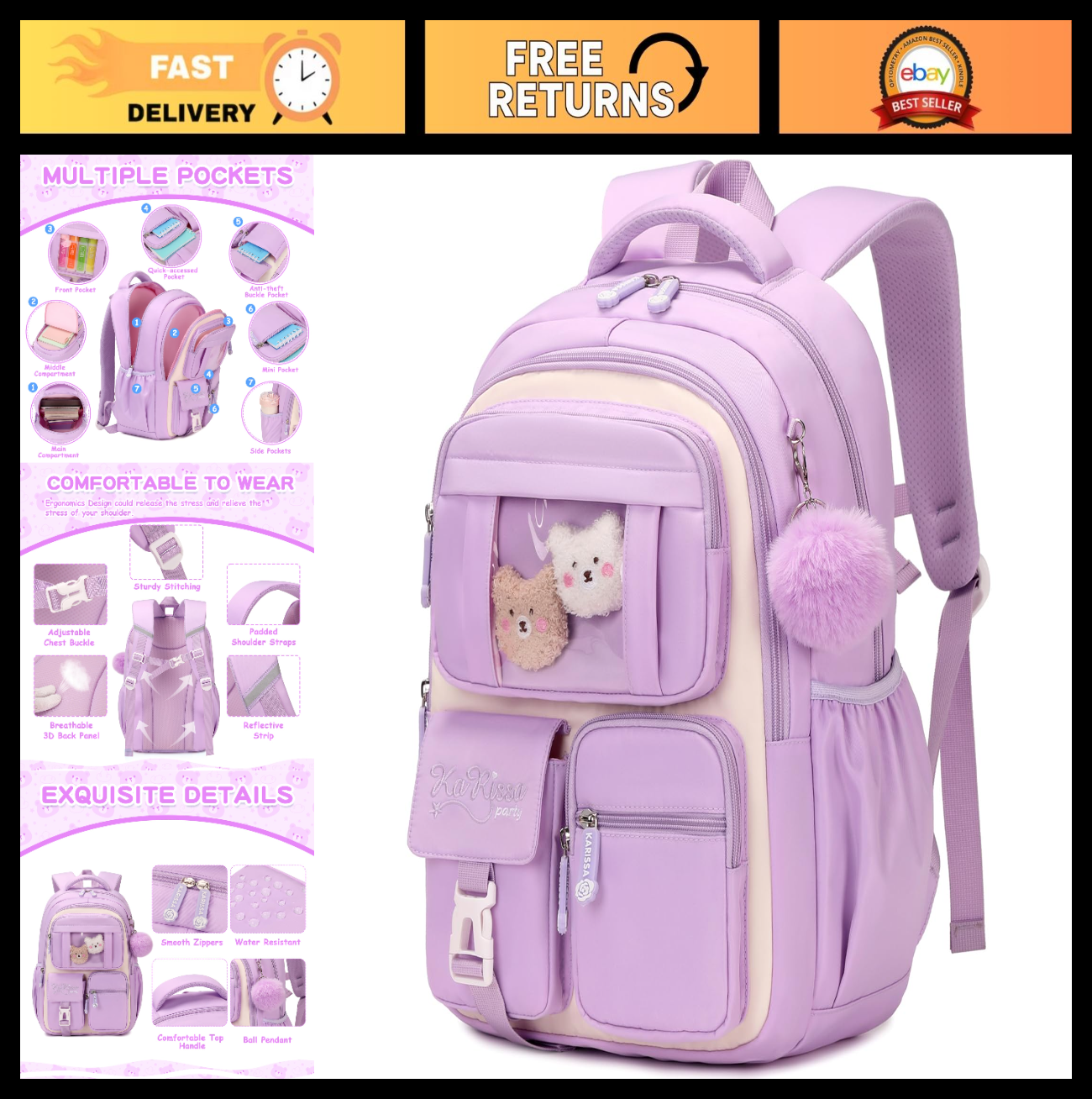 Kawaii Girls Backpack - Cute School Bag for Middle & Elementary Students, Purple0