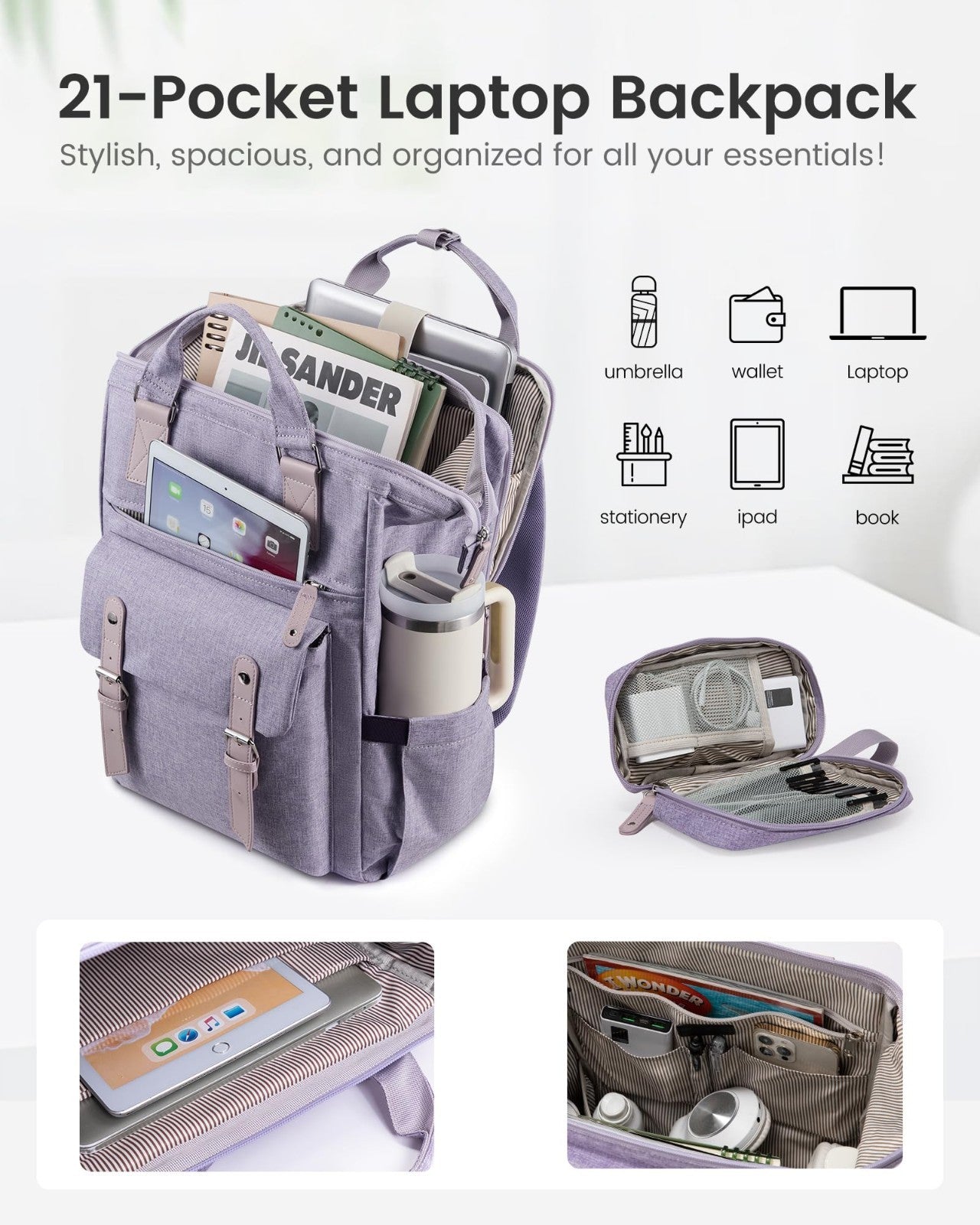 Stylish Waterproof Laptop Backpack for Women, 17.3" with Tumbler Holder, Travel2