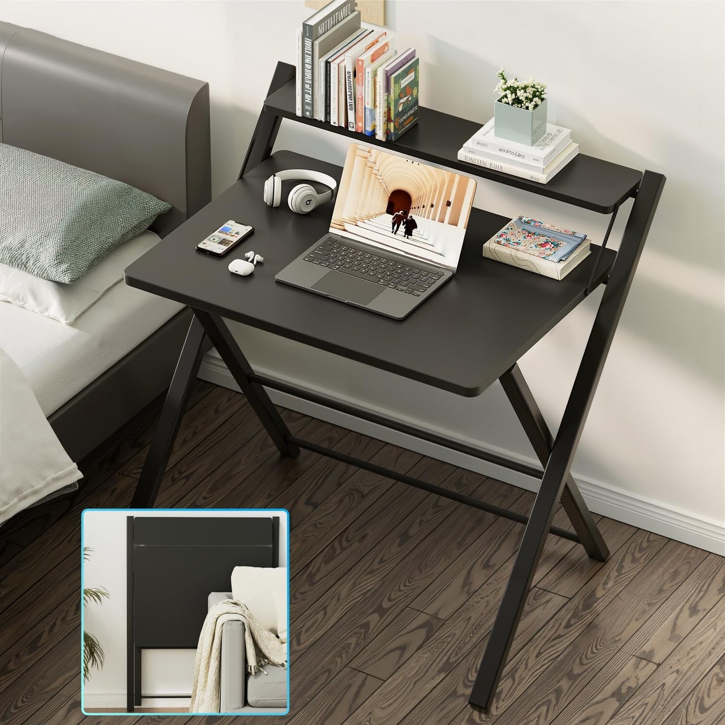 Compact Folding Desk with Shelf - Space Saving Laptop Table for Home Office & Do6