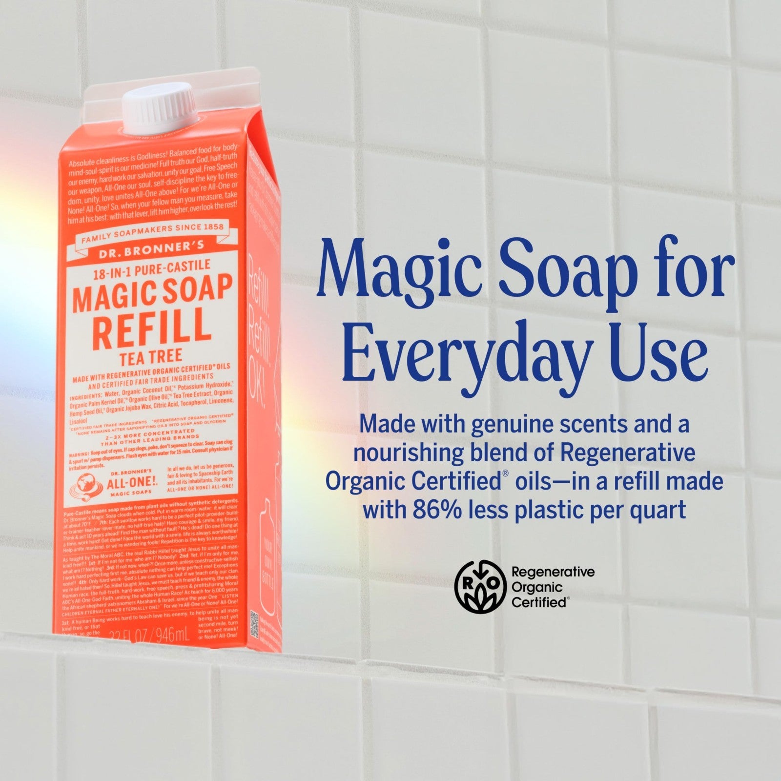Pure Castile Liquid Soap Refill - Tea Tree, 32oz 2-Pack, Organic, Vegan, Multi-U2