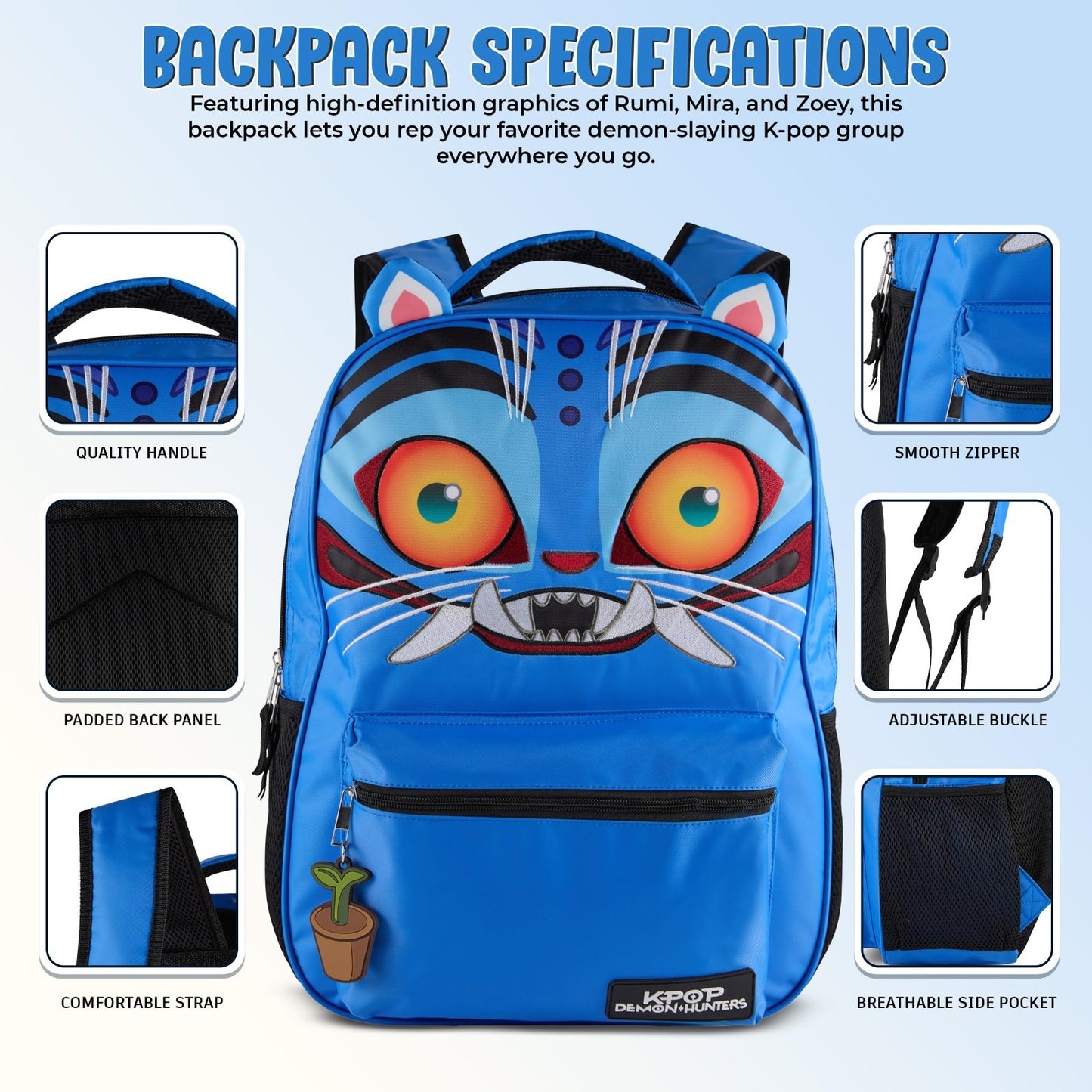 K Pop Demon Hunters 16" Girls Backpack   3D Ears, Embroidery, Rubber Charm2