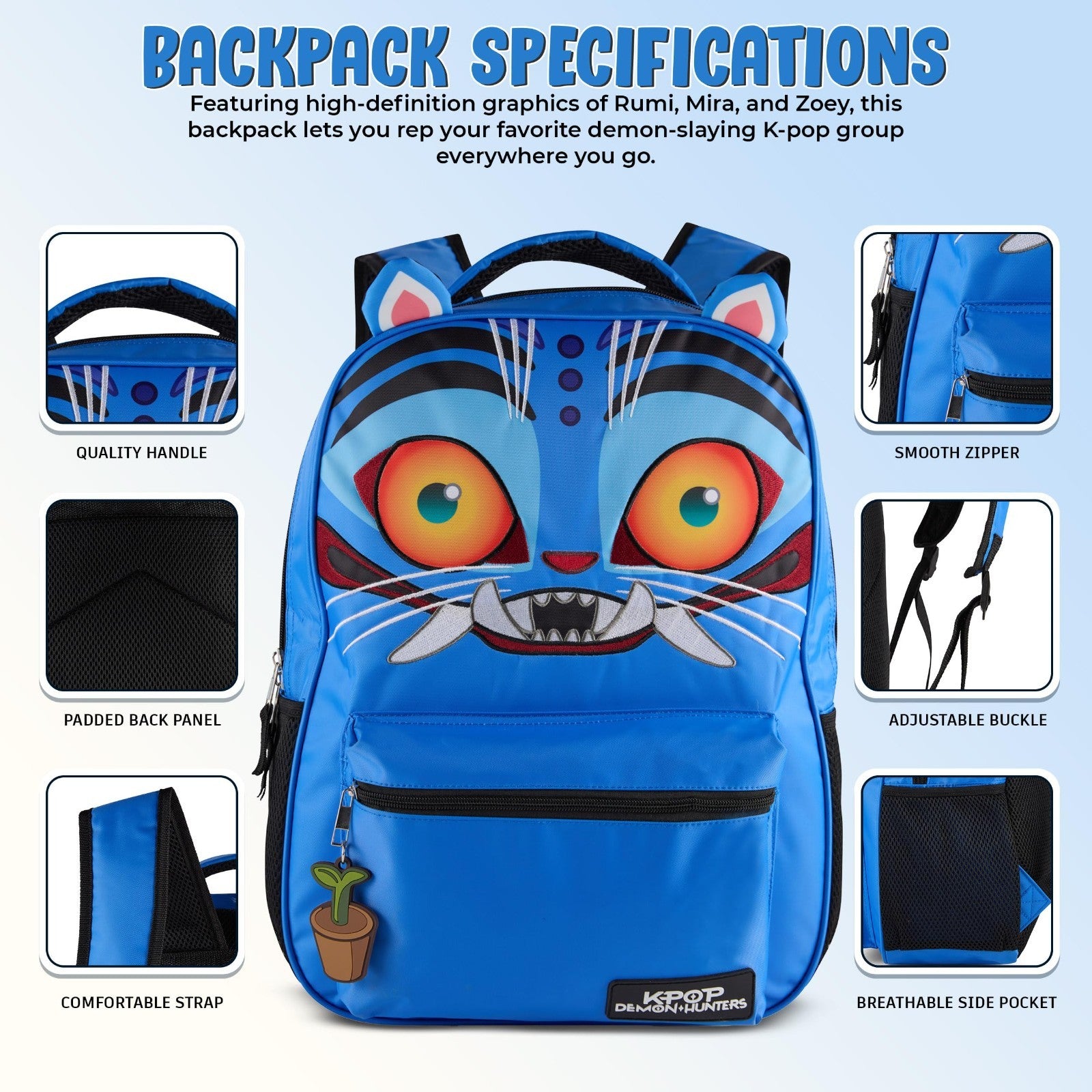 K Pop Demon Hunters 16" Girls Backpack   3D Ears, Embroidery, Rubber Charm2
