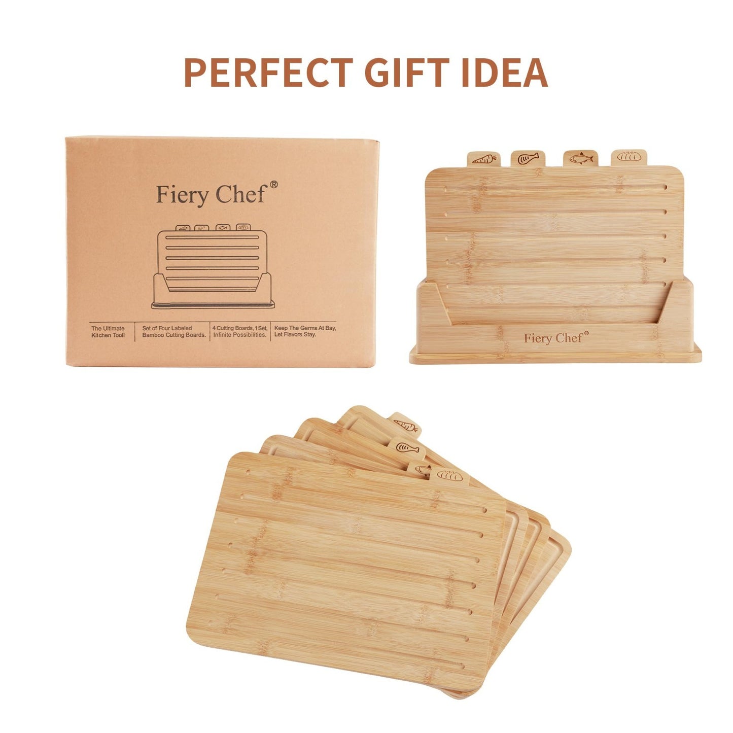 Set of 4 Bamboo Cutting Boards with Holder - Juice Groove, Food Icons, Ideal for6
