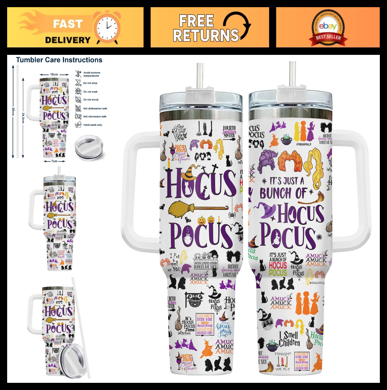 40oz Insulated Tumbler with Handle & Straw   Sanderson Sisters Coffee Mug, Spook0