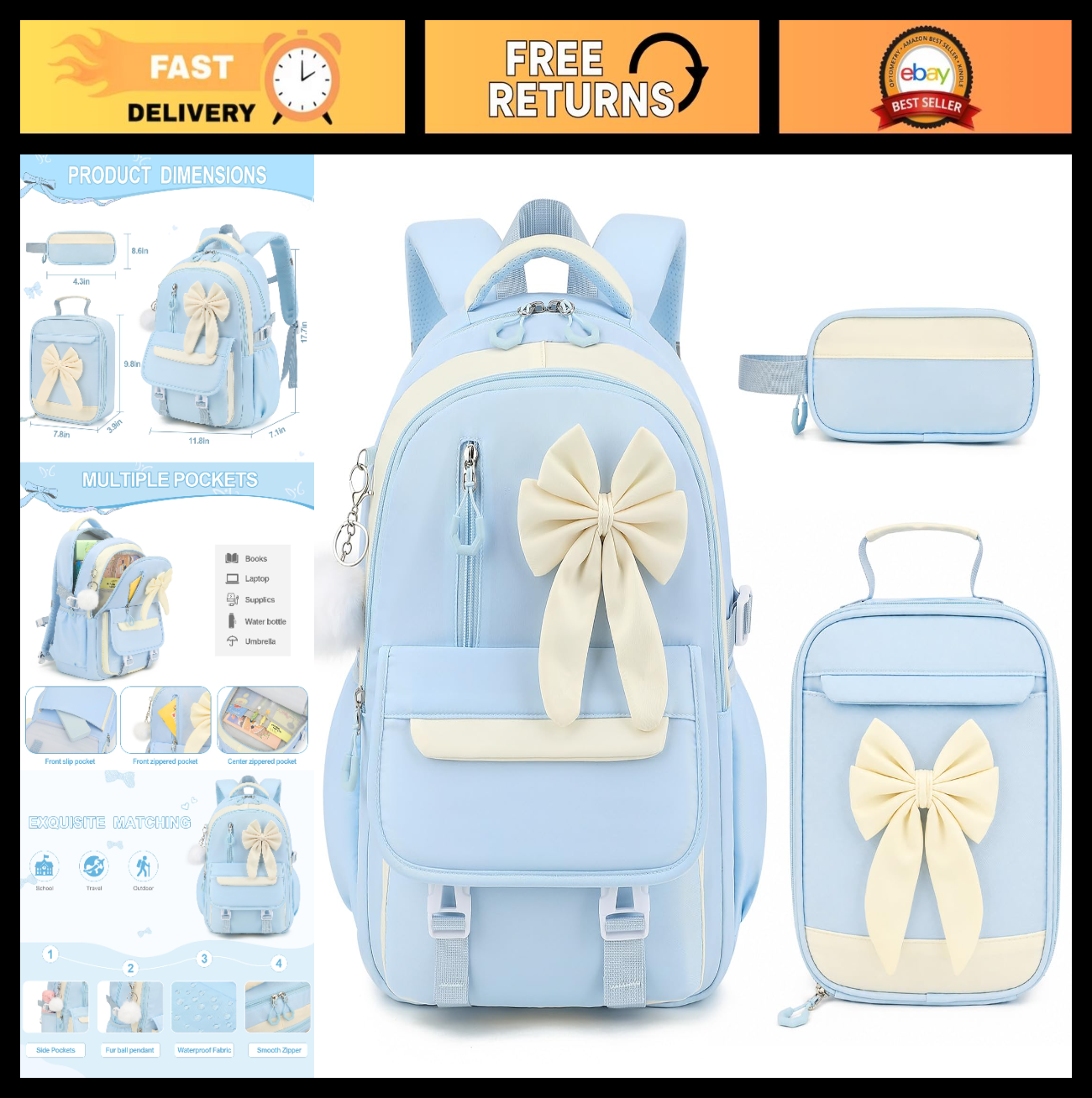 Girls Bow Backpack Set   3PCS with Lunch Bag & Pencil Case   Stylish School Bag0