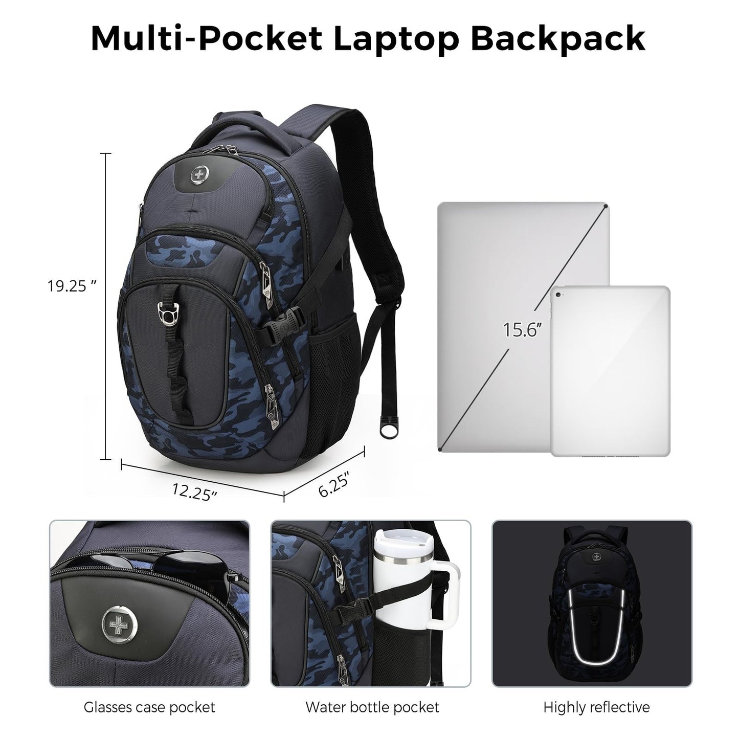 Travel Laptop Backpack with USB Charging Port, Fits 15.6" Computer, 31L, Blue Ca3