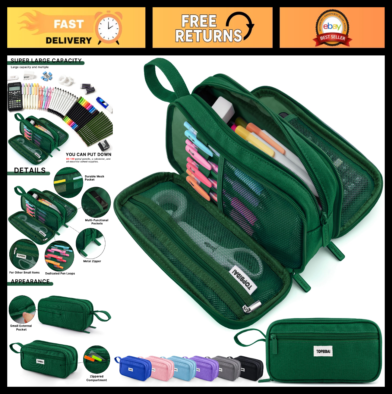 Large Pencil Case Pouch for School, Office, Art Supplies   Unisex Design0