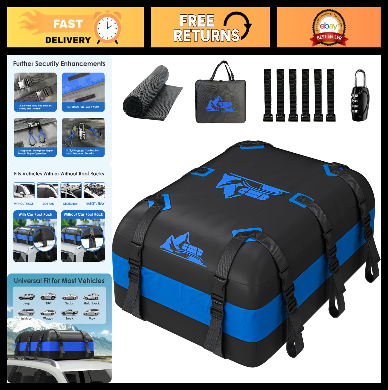 Rooftop Cargo Carrier Bag 15-20 Cu Ft Waterproof Travel Storage for Cars0