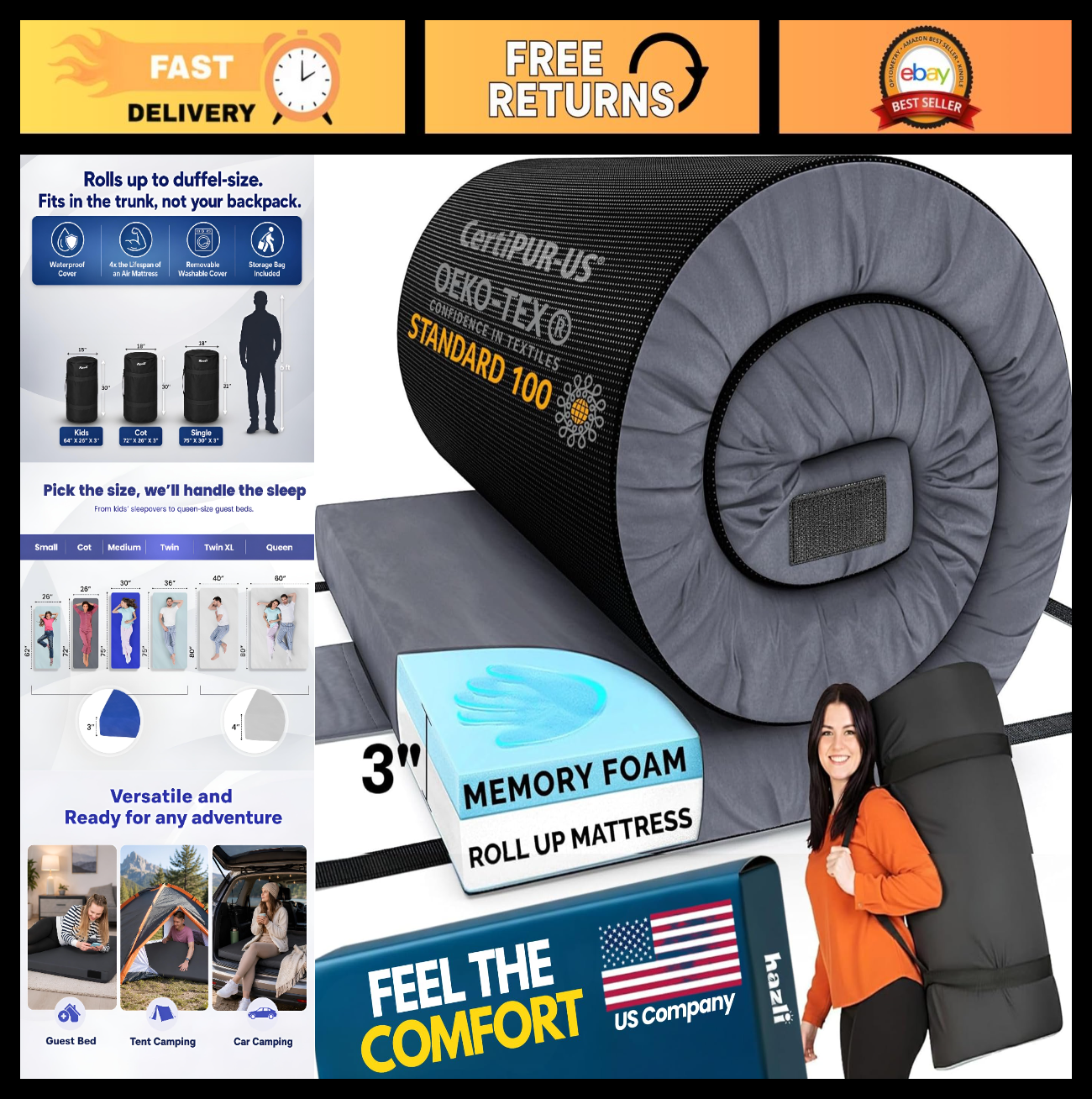 AirCell Memory Foam Camping Mattress Pad   Portable Roll Up Sleeping Mat for RV,0