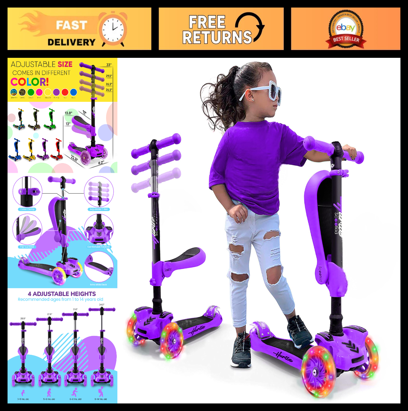 3-Wheeled Kids Scooter with LED Lights, Adjustable Handlebar, Foldable Seat, Sit0