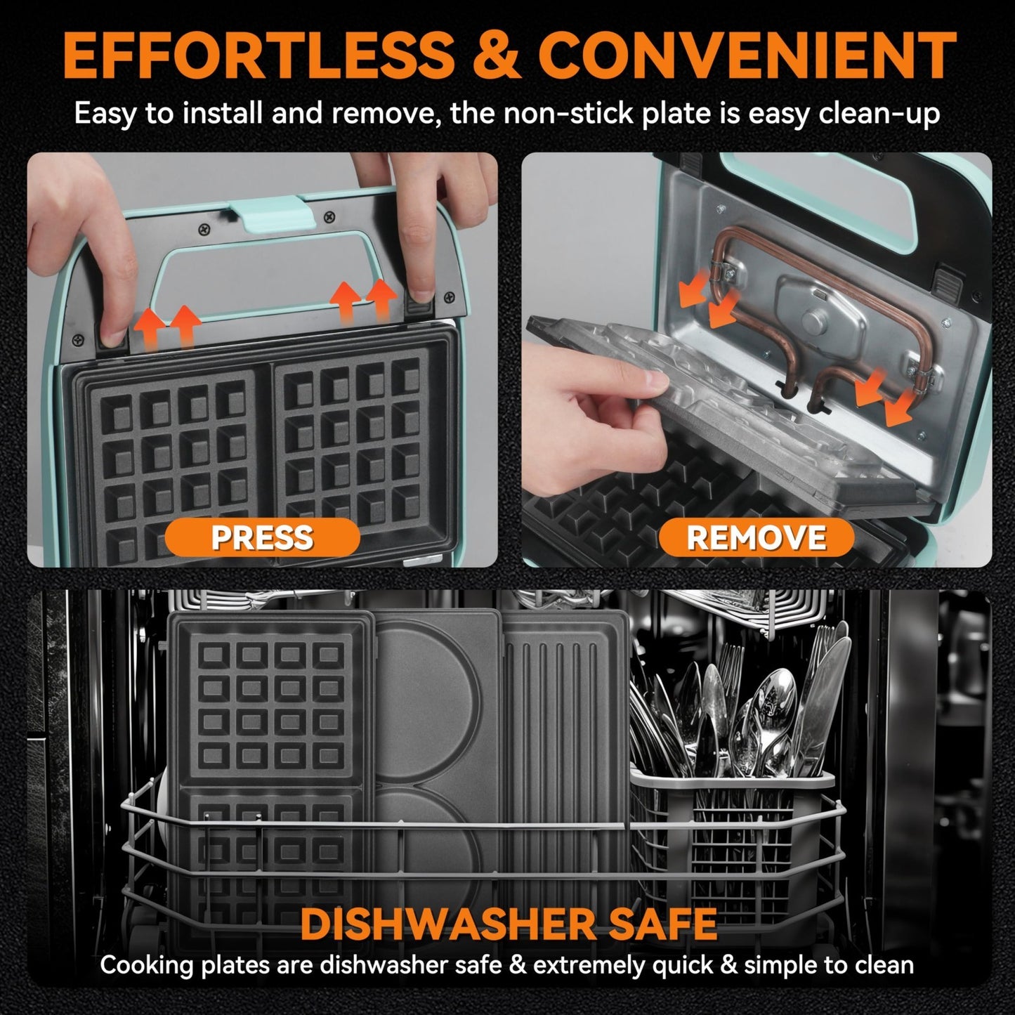 Mini Waffle Maker 3-in-1 with Removable Plates, Pancake & Sandwich Press, Indoor4