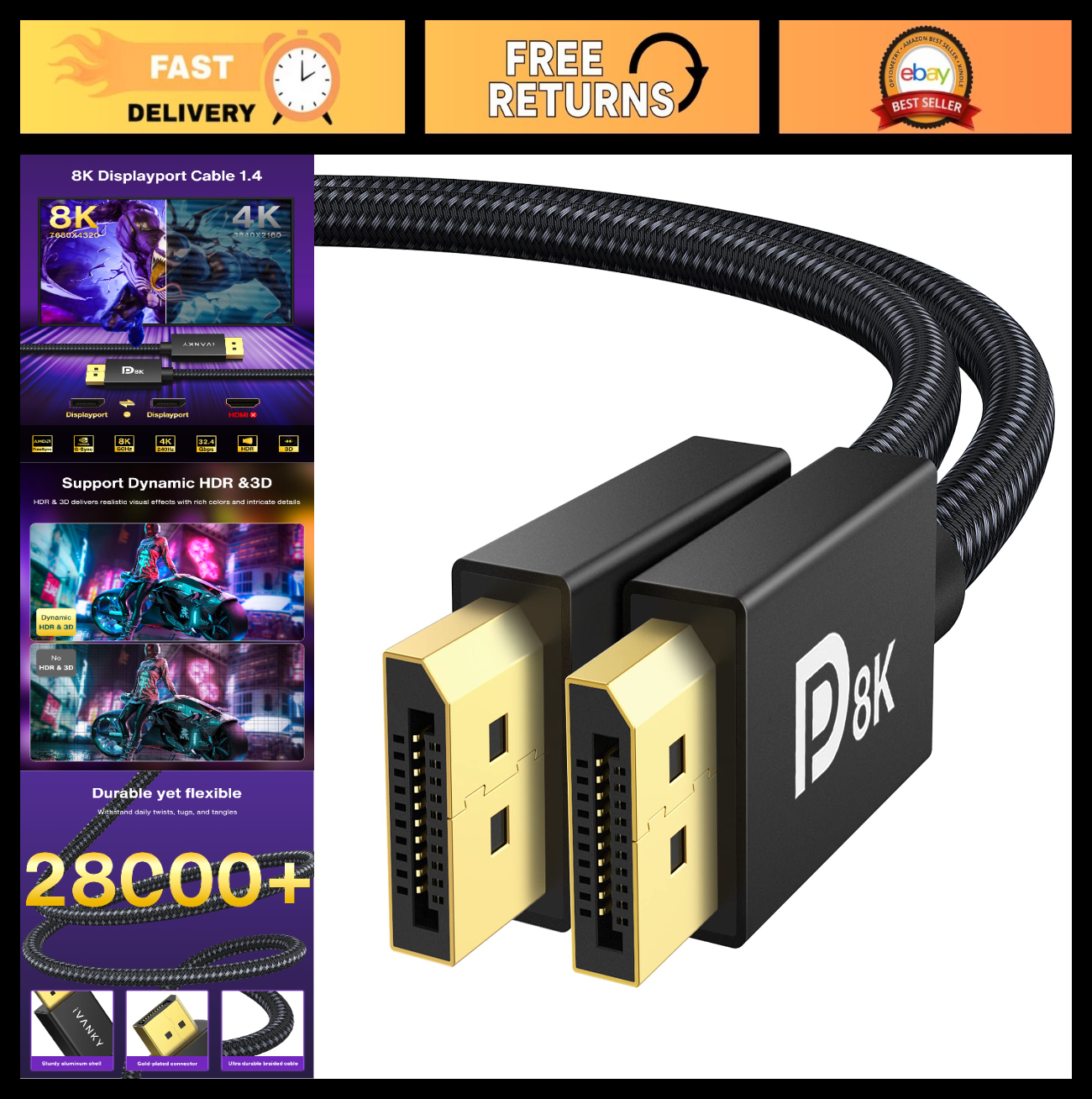 8K DisplayPort Cable 1.4, 6.6ft, Supports HDR, 60Hz/240Hz, HBR3, Gaming Monitor,0