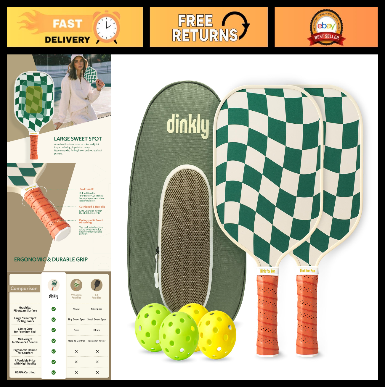 Pickleball Paddle Set of 2/4 - USAPA Approved, Graphite/Fiberglass, 4 Balls & Ca0