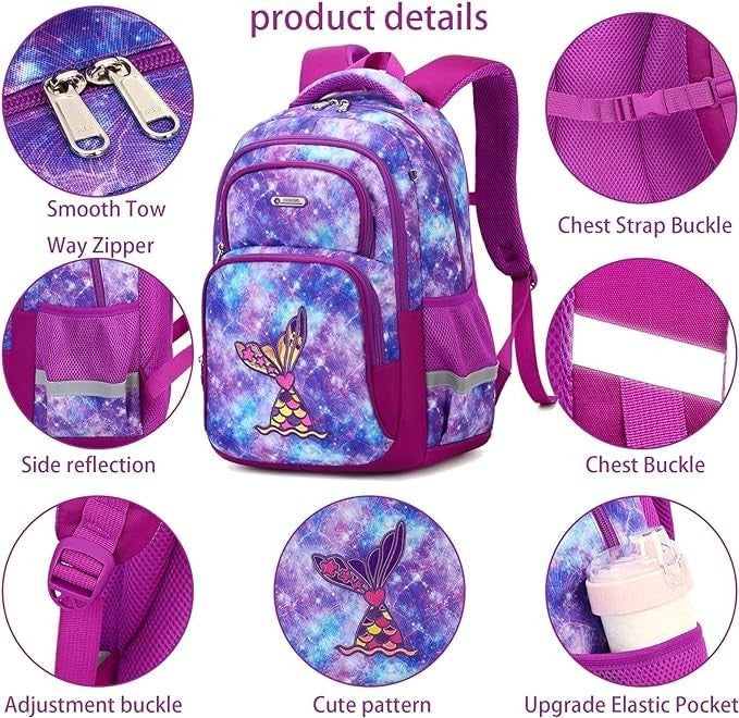 Purple Mermaid 3pcs Set   Multi Compartment Backpack, Lunch Box & Pencil Case, 12