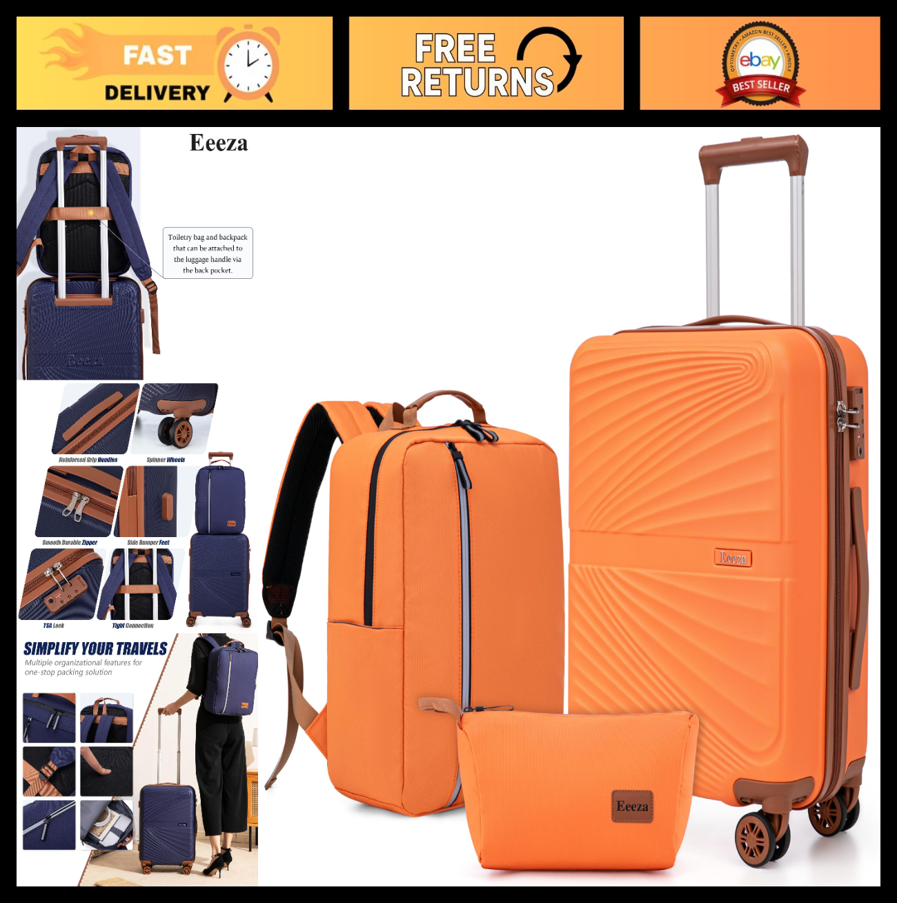 3-Piece Carry On Luggage Set - Lightweight ABS Hardshell, 360° Spinner Wheels, T0