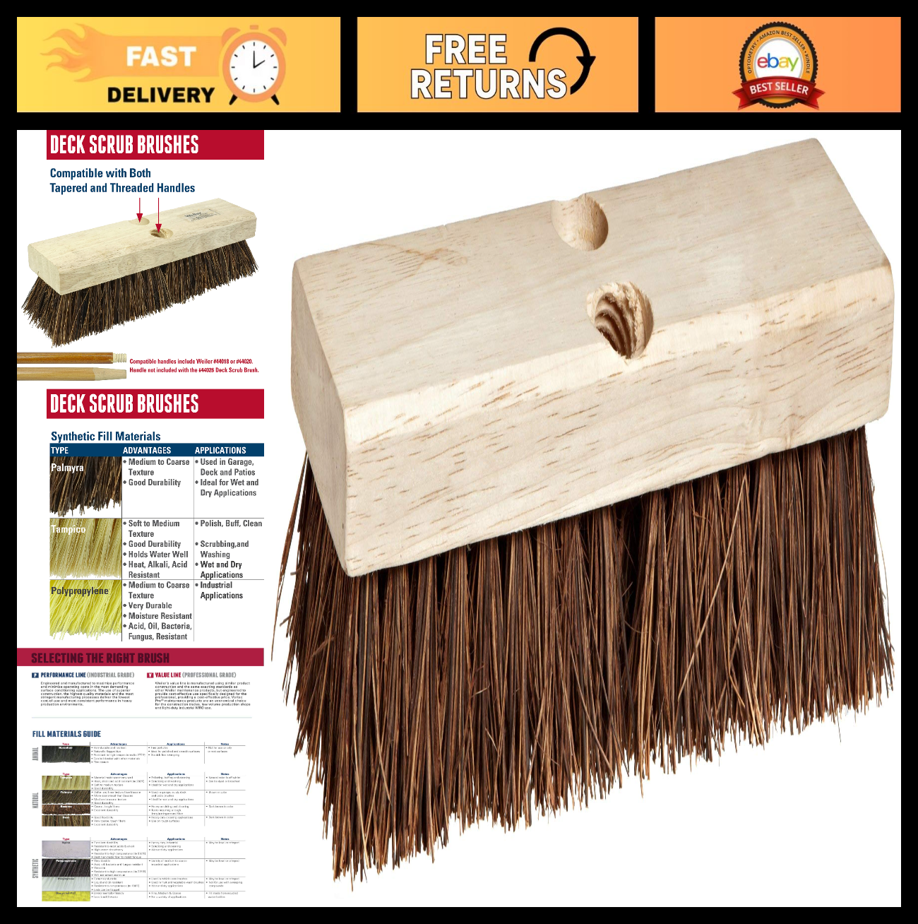 9" Deck Scrub Brush, Wood Block with Palmyra Fill, 5x14 Rows, Heavy-Duty Cleanin0