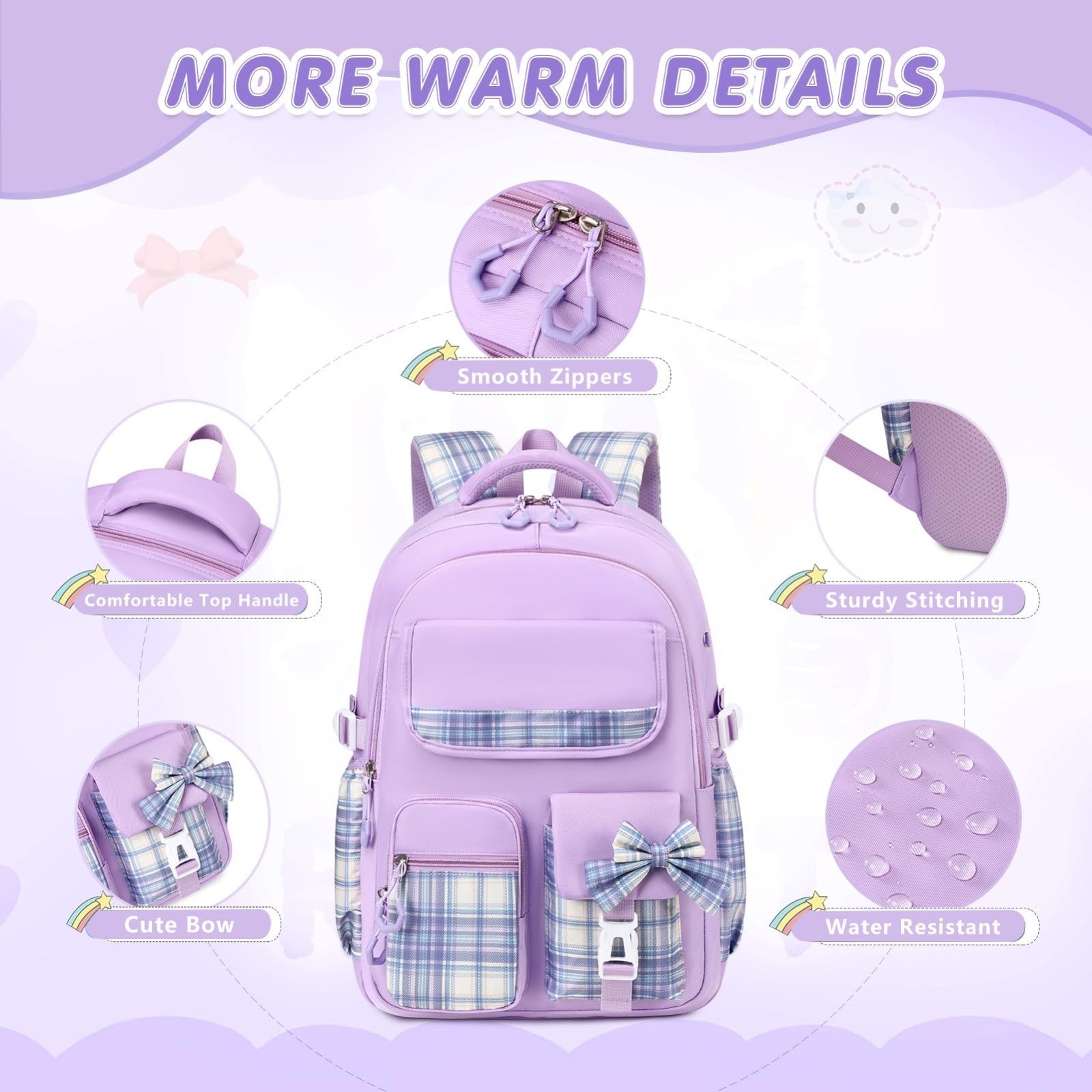 Stylish 3PCS School Backpack Set for Girls   17" Bow Plaid Bookbag & Accessories3